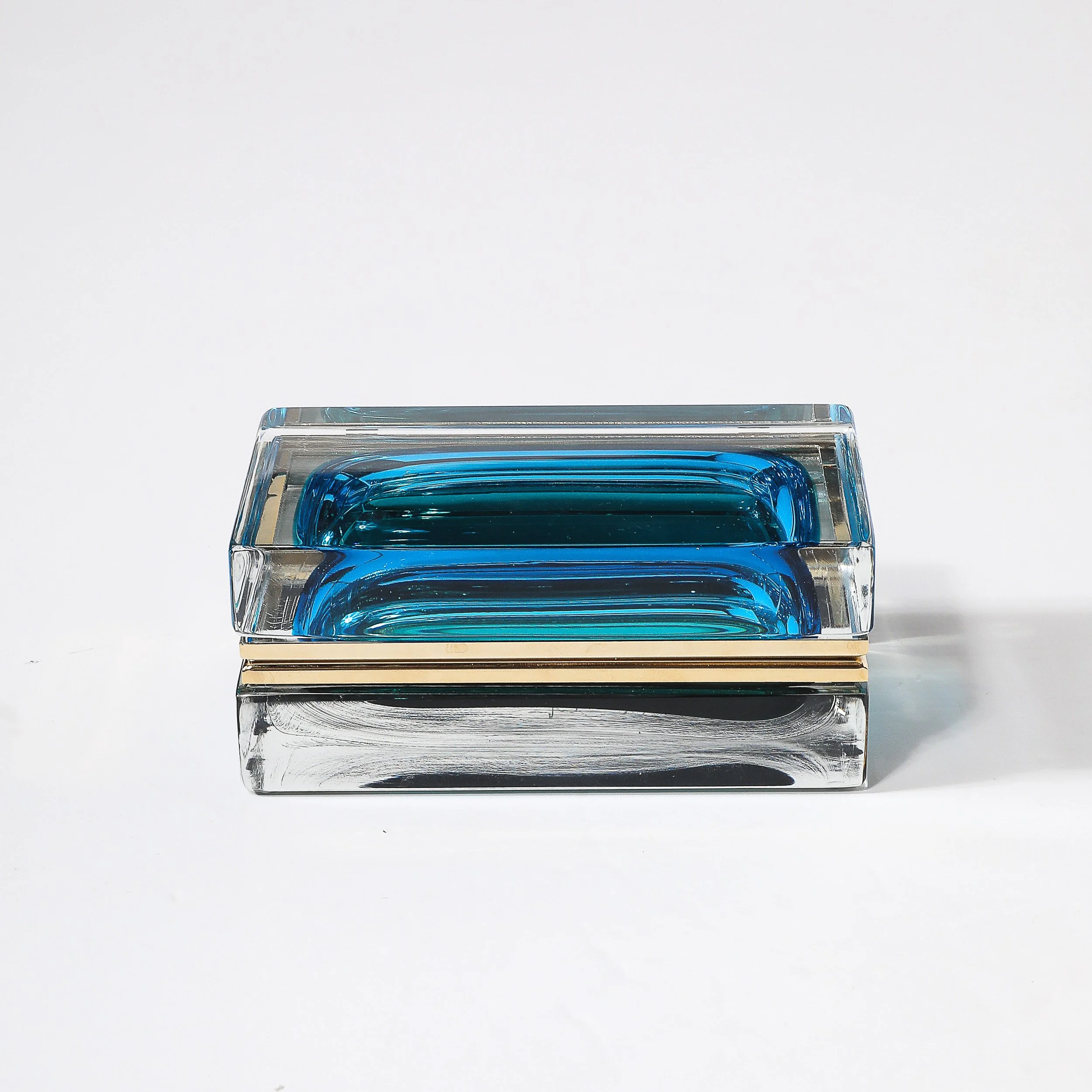 Modernist Hand-Blown Murano Glass Box in Ultramarine & Phthalo w: Polished Brass - High Style Deco 5.jpg