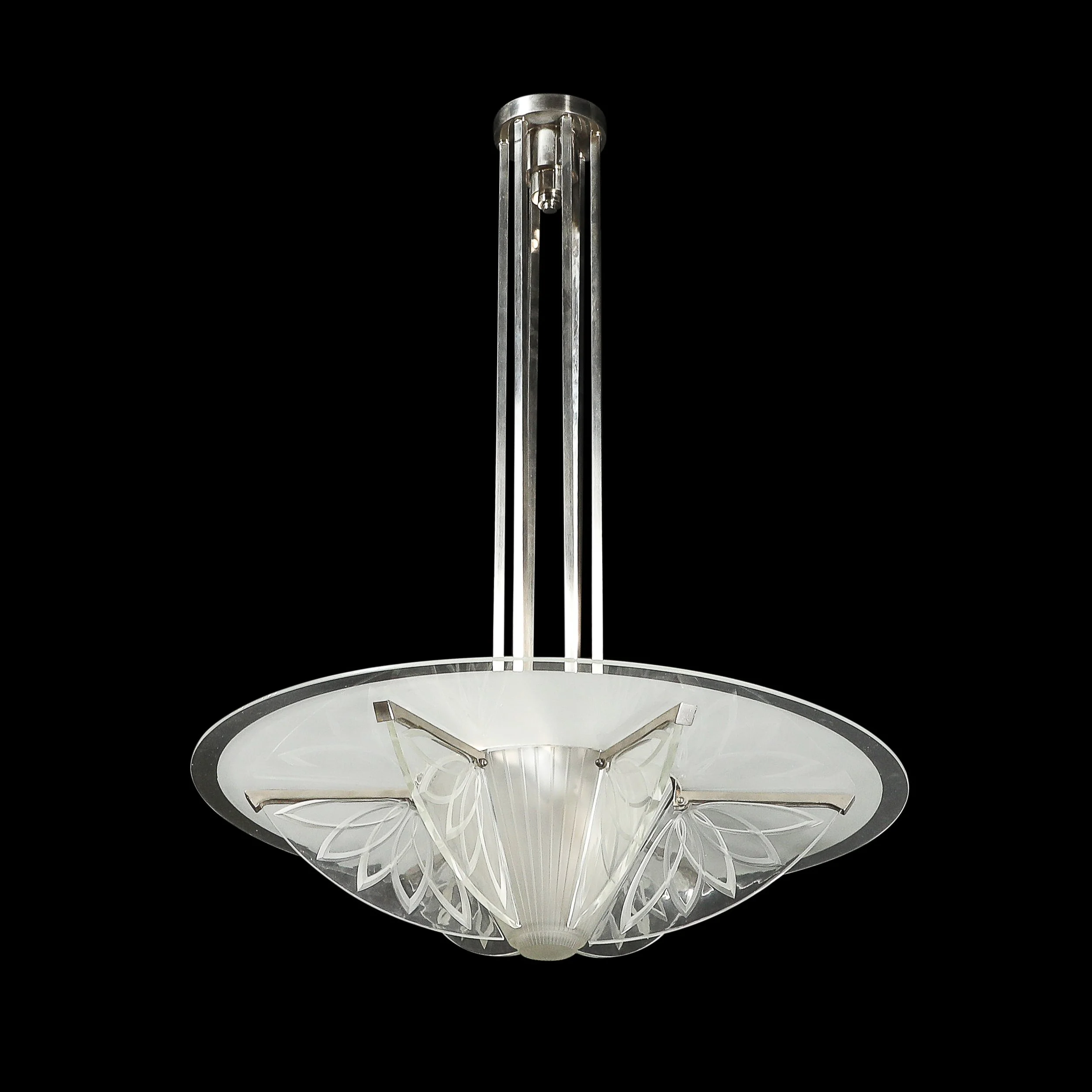 Art Deco Machine Age Frosted, Etched Glass & Nickel Chandelier by Pierre D'Avsen - High Style Deco 25.jpg