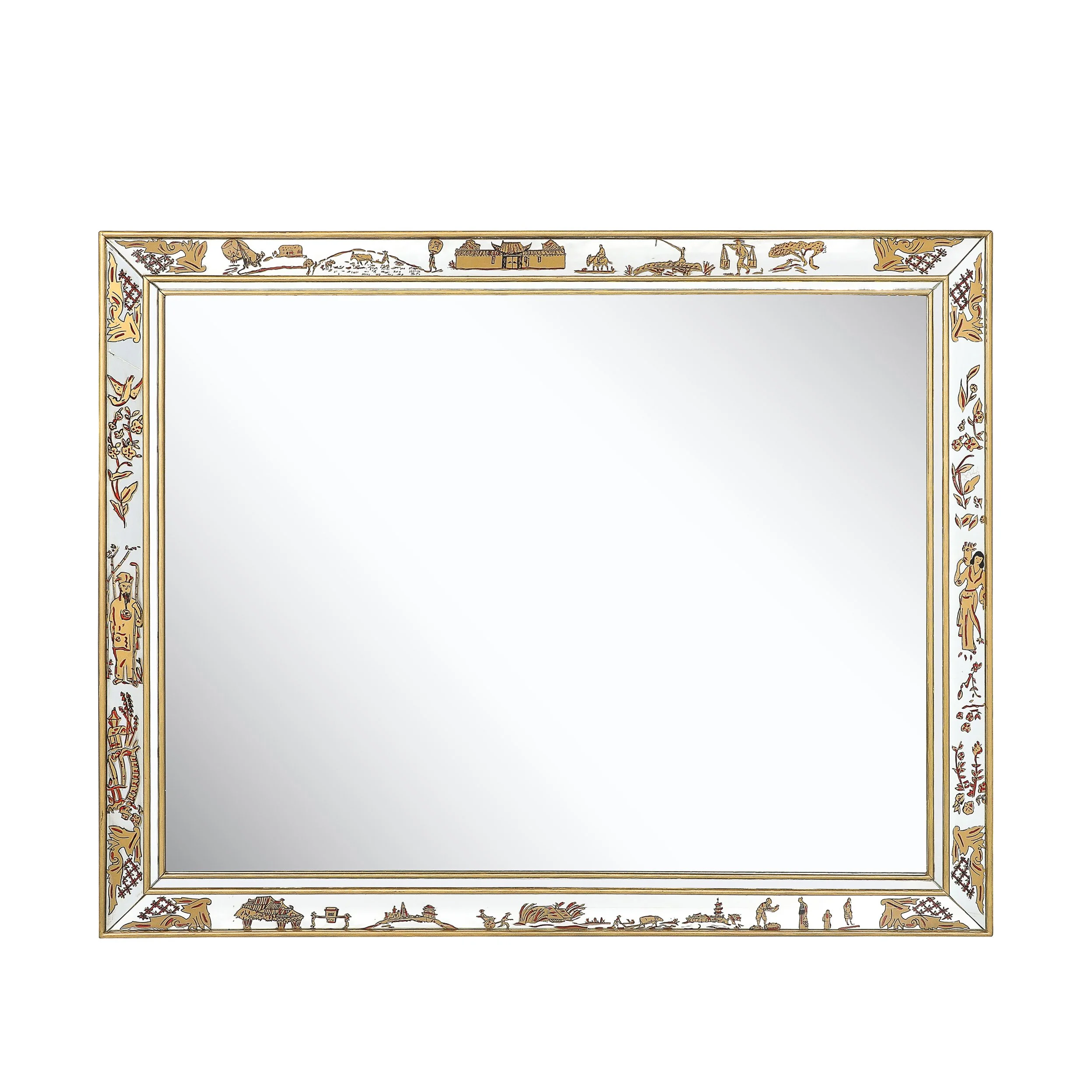 Mid-Century Modernist Eglomise & Giltwood Stylized Chinoiserie Bordered Mirror