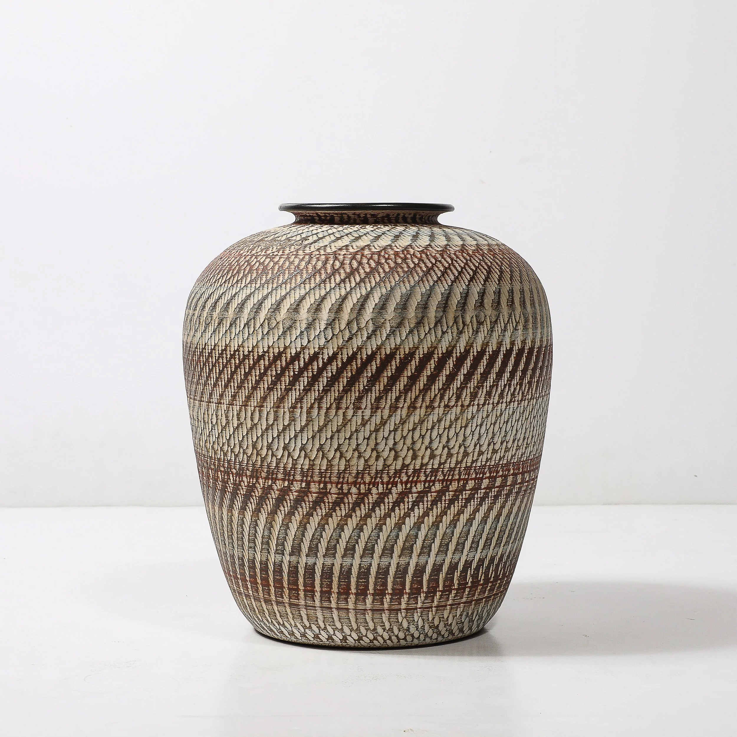 Mid-Century Ceramic Earth Toned Vase W: Scaled Textural Detailing signed Germany - High Style Deco 3.jpg