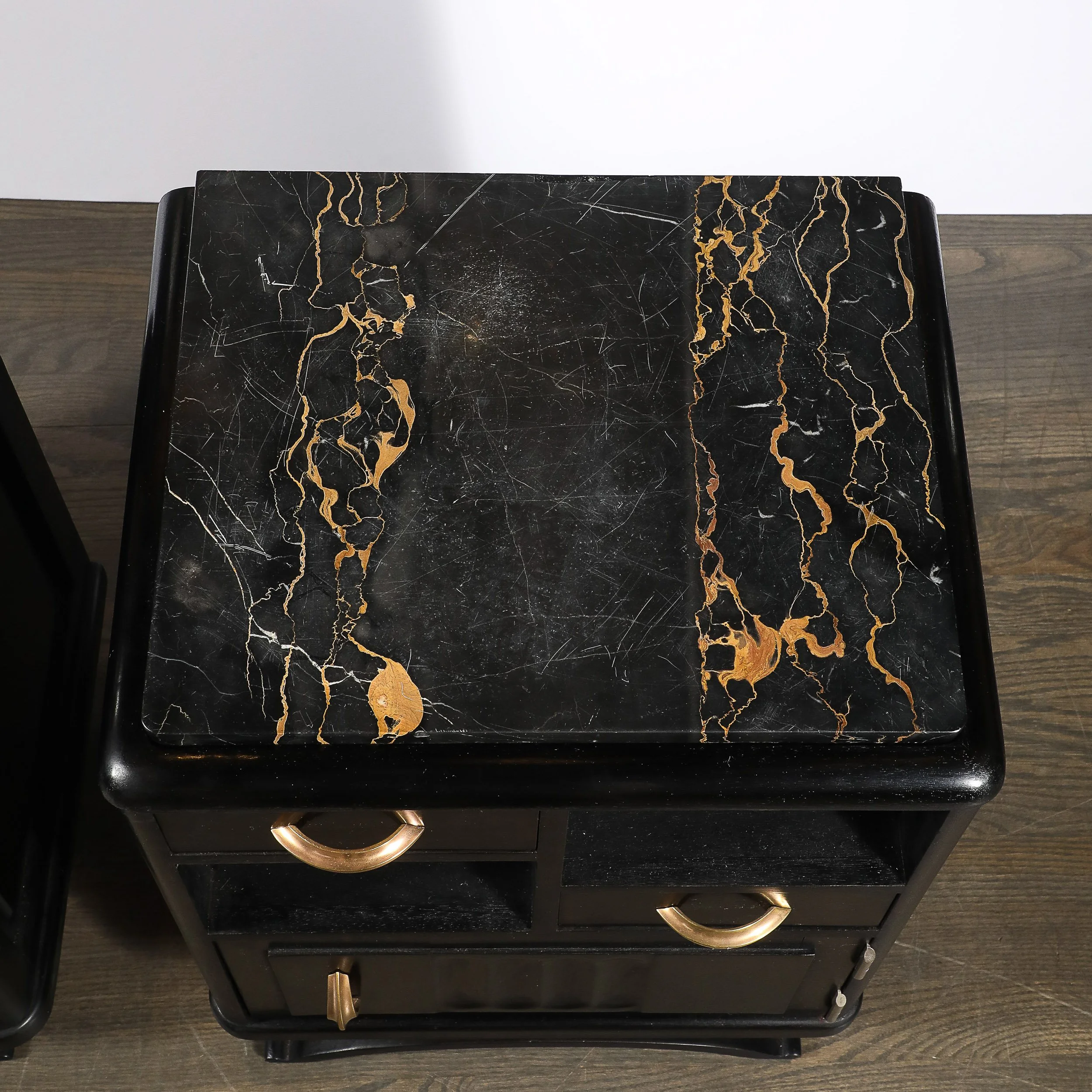 Art Deco Nightstands in Ebonized Walnut with Porto Marble Tops Bronze Pulls - High Style Deco 10.jpg