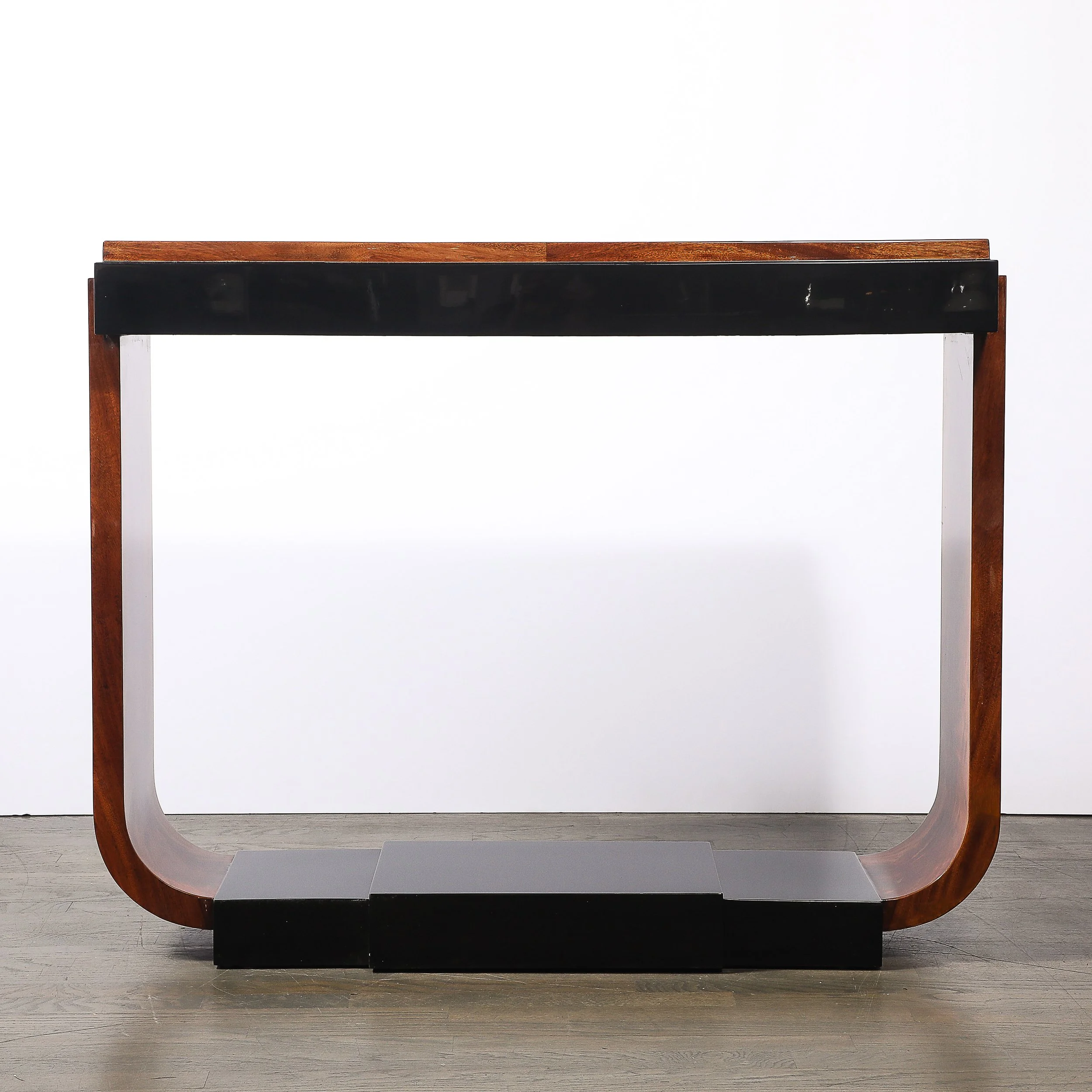 Art Deco Machine Age Book-Matched Walnut w: Black Lacquer Accent Console Tables - High Style Deco 13.jpg