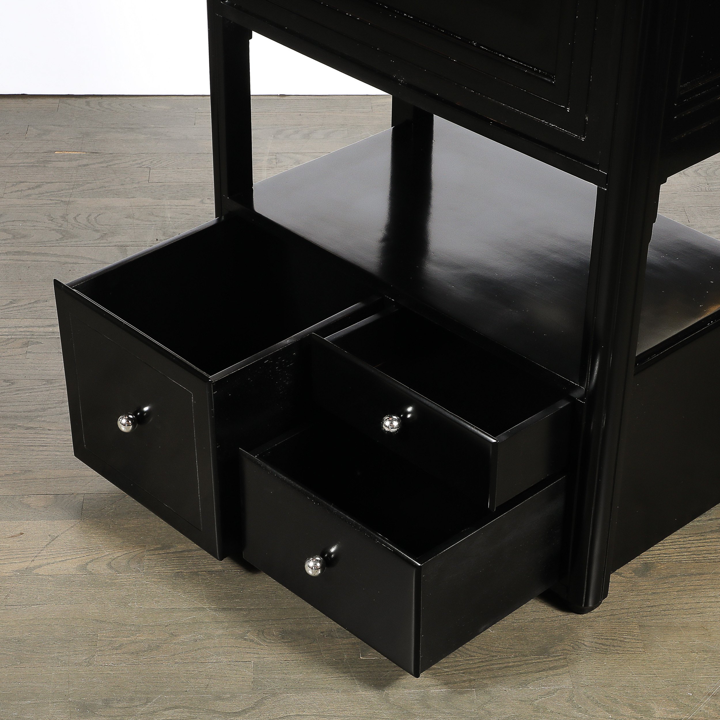 Art Deco Machine Age Bar Cabinet in Black Lacquer with Swivel and Drop Doors - High Style Deco 11.jpg (Copy)