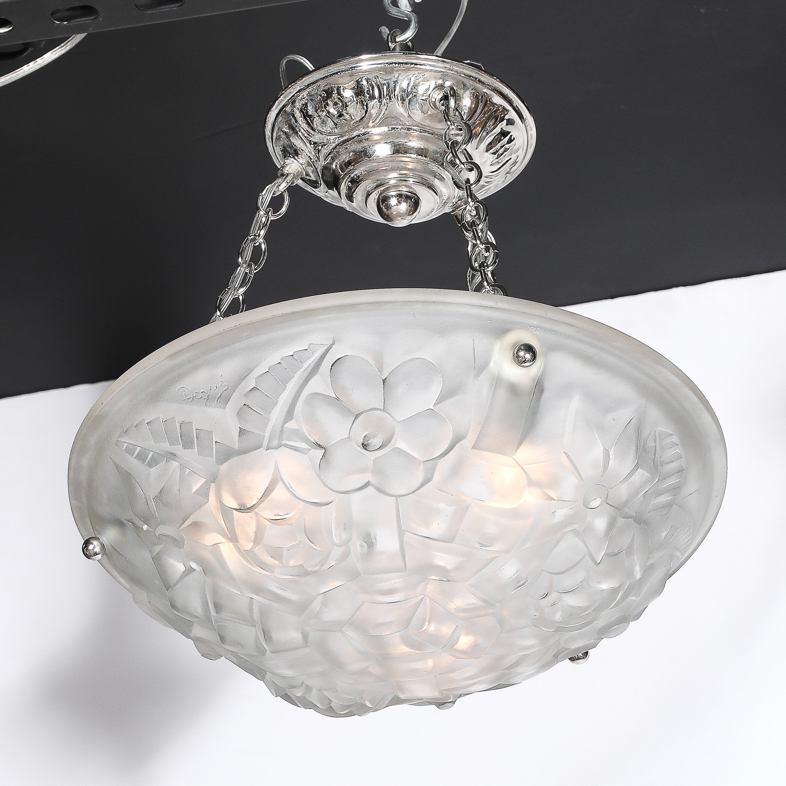 Art Deco Frosted Glass Floral Cubist Chandelier w: Chrome Fittings Signed Degué - High Style Deco 2.jpg
