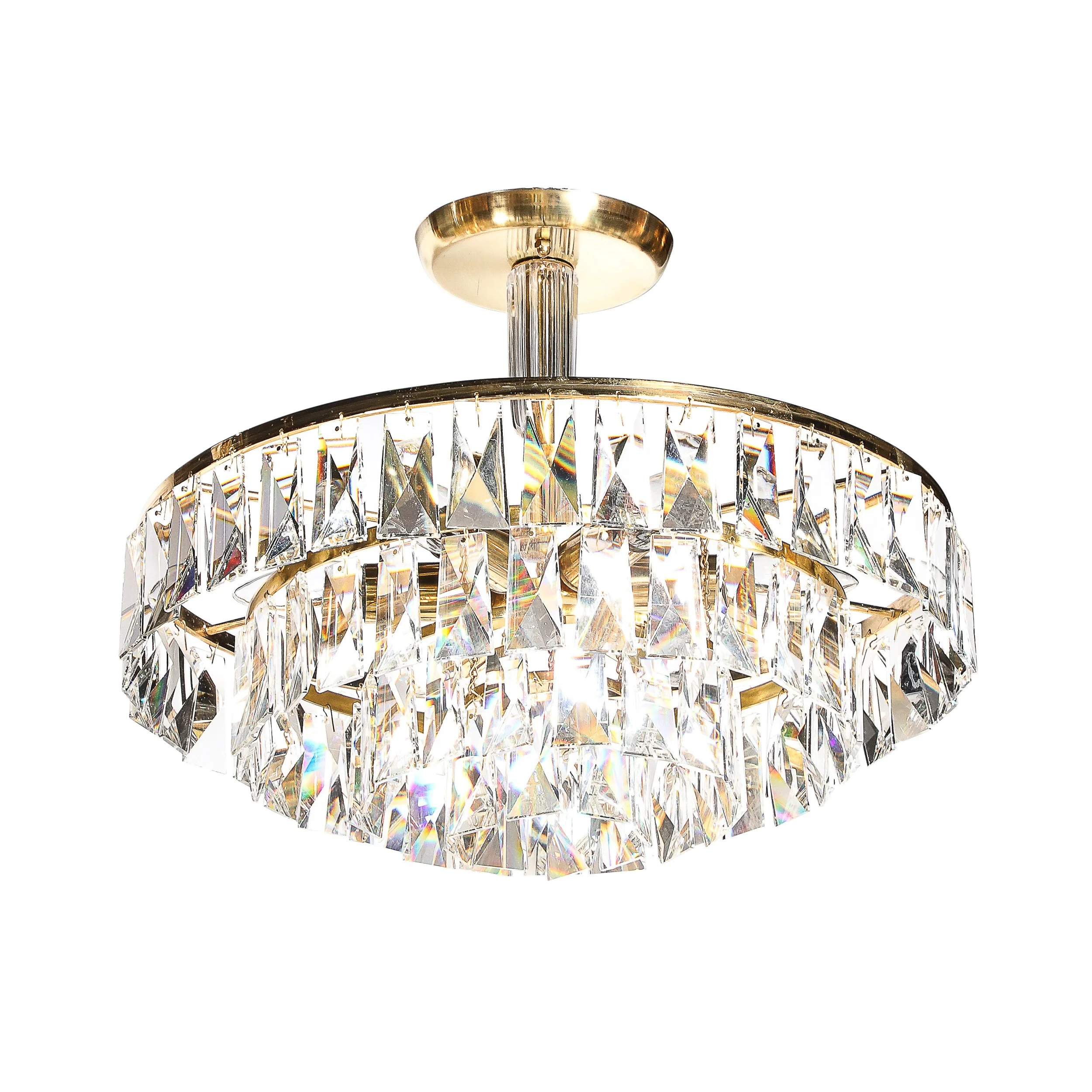 Mid-Century 3-Tier Faceted & Cut Crystal Chandelier in Brass w/ Glass Rod Detail