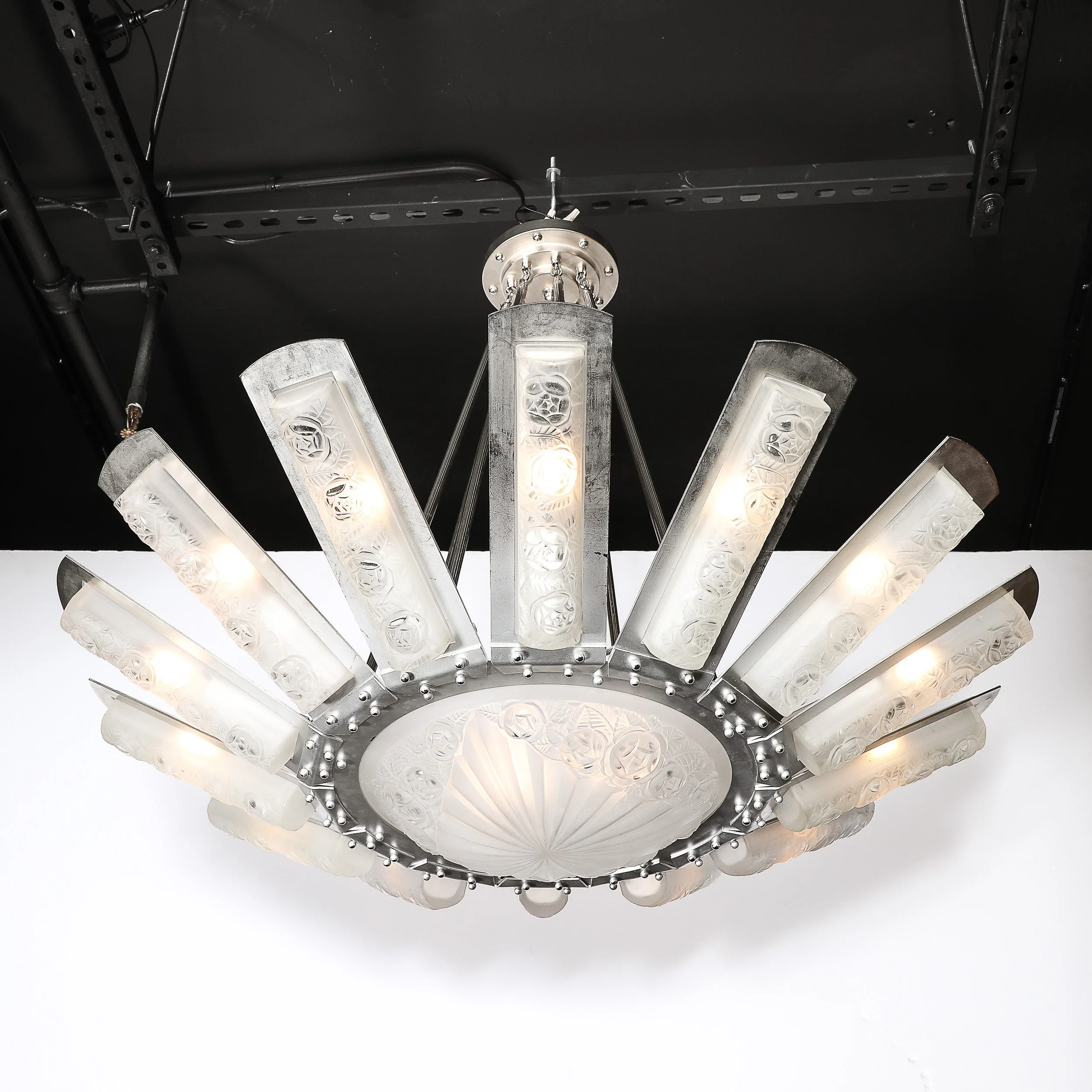 Art Deco Geometric Frosted Glass Starburst Pendant Chandelier signed Degué - High Style Deco 3.jpg
