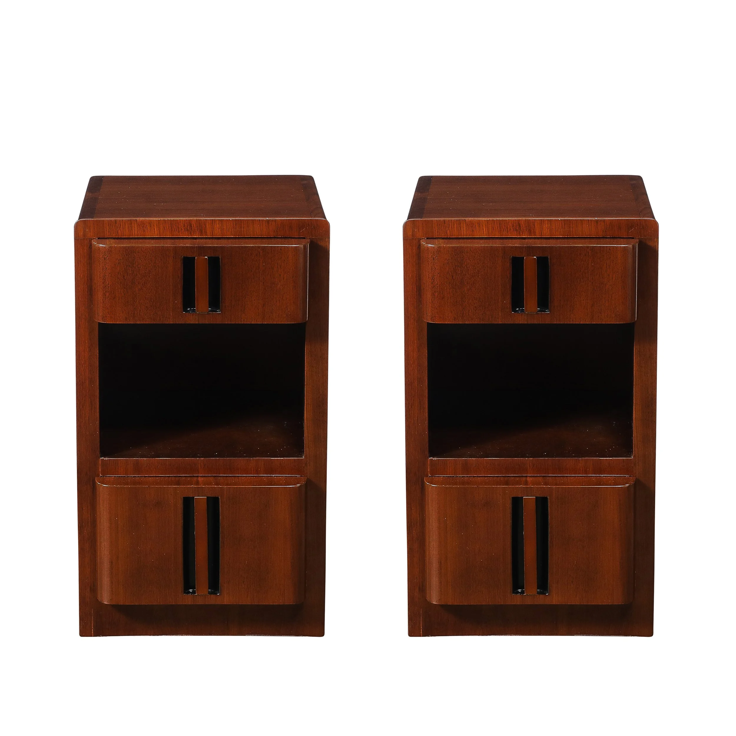 Pair of Art Deco Nightstands in Book-Matched Walnut with Black Lacquer Accents - High Style Deco.jpg