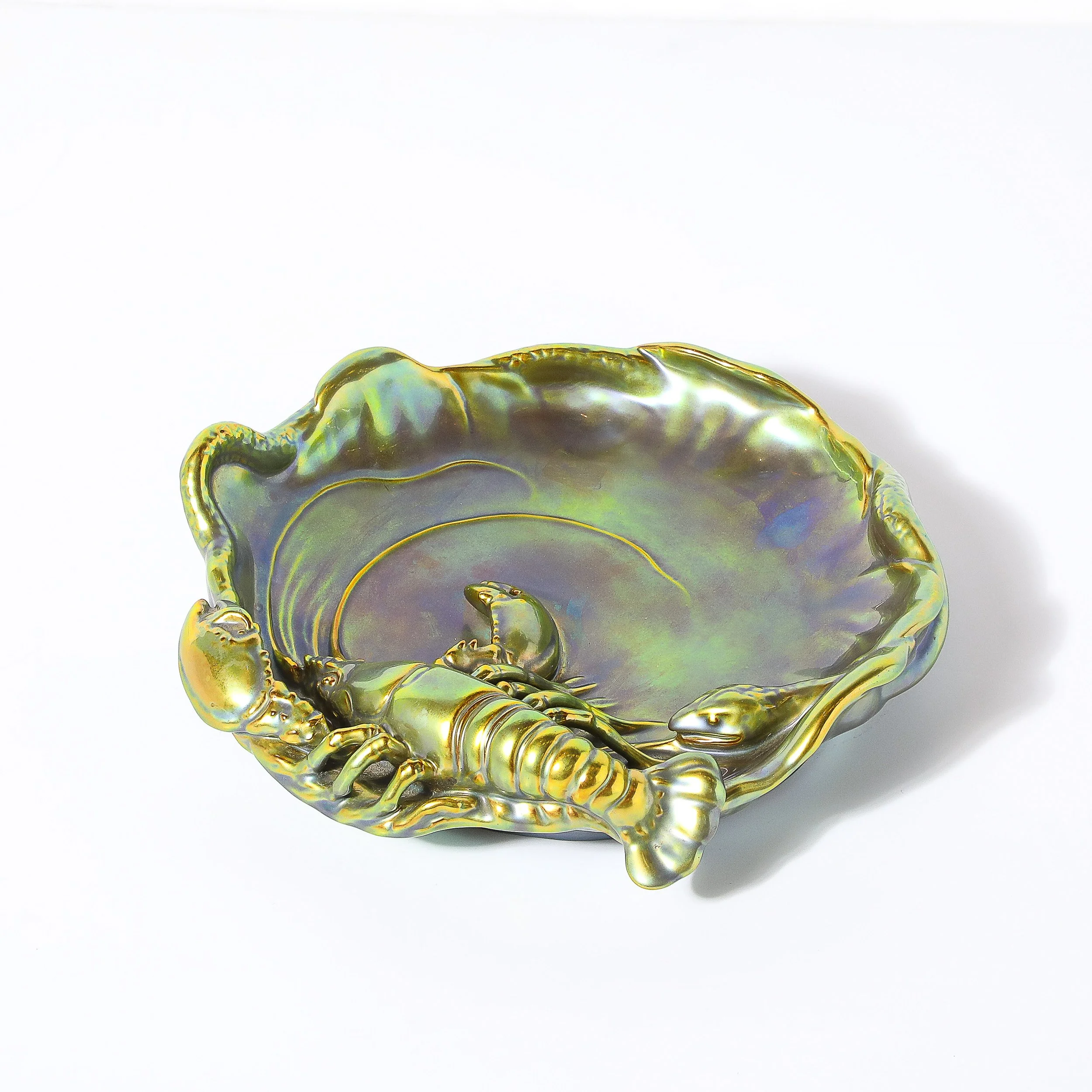 Zsolnay Hungary Eosin Iridescent Green Gold Lobster & Snake Hand Painted Dish - High Style Deco 1.jpg