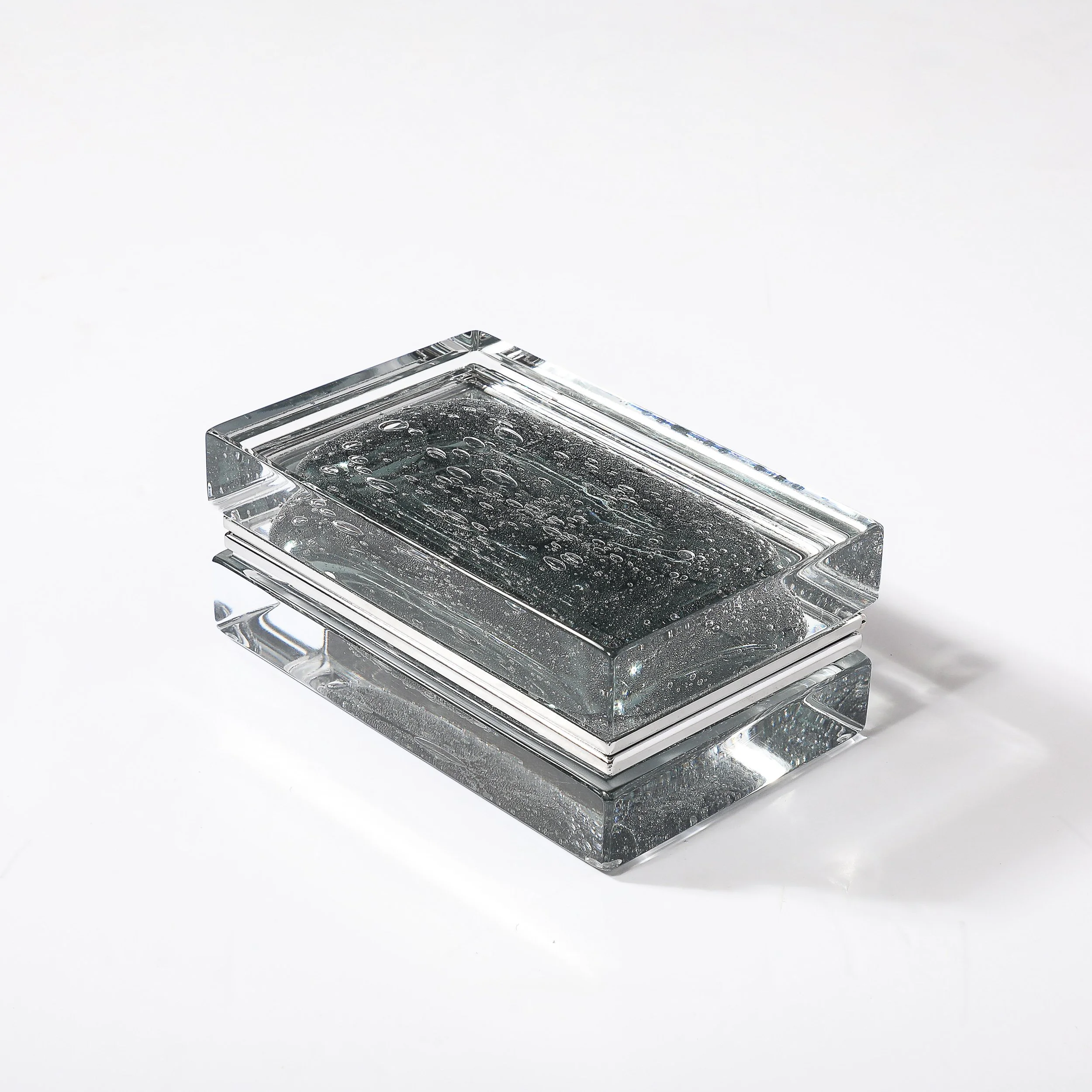 Modernist Handblown Murano Glass Box in Sage Grey W: Pulegoso Detailing & Nickel - High Style Deco 8.jpg