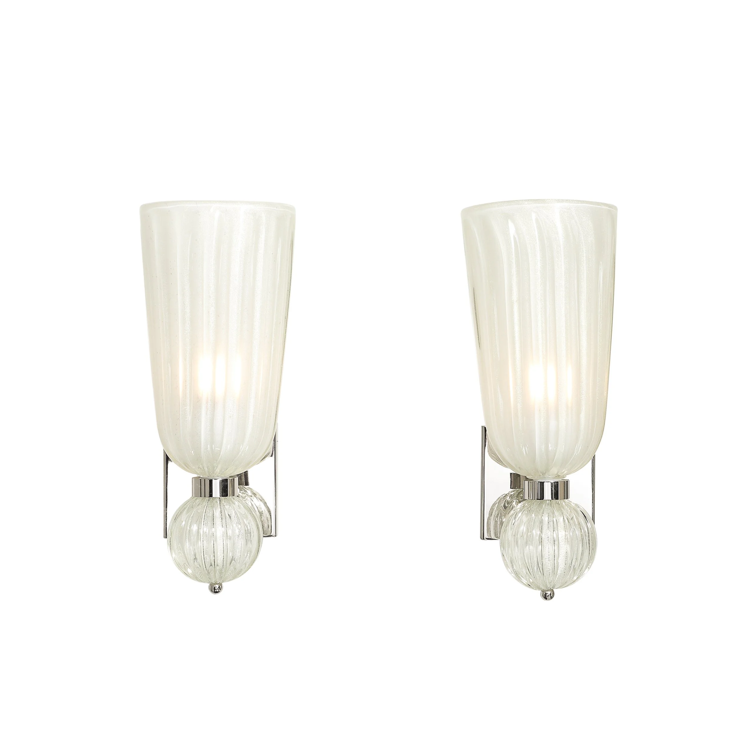 Modernist Hand-Blown Fluted 24K White Gold Fleck Murano Glass & Nickel Sconces - High Style Deco 1.jpg