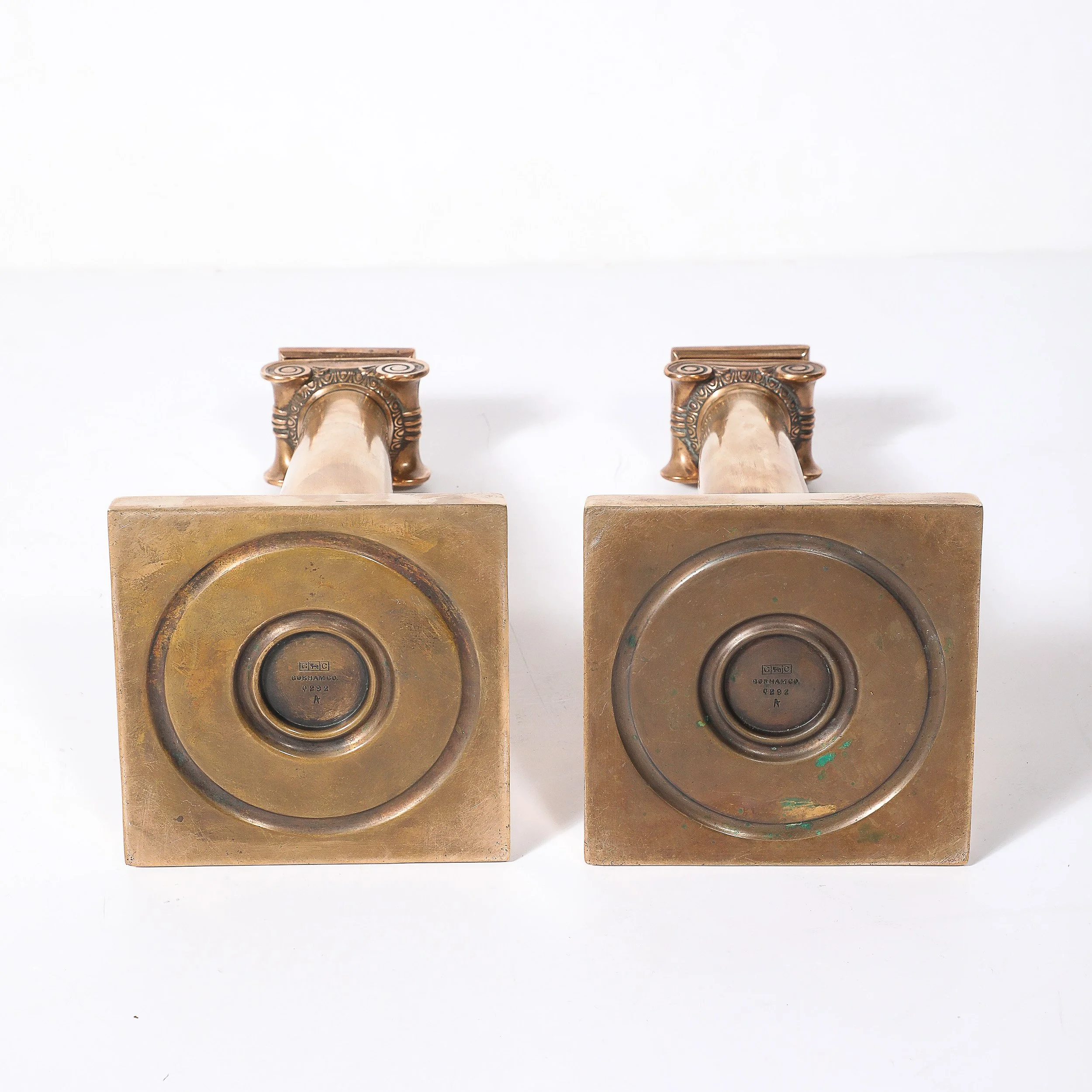 Art Deco Solid Bronze Plinth Base Corinthian Style Candleholders signed Gorham - High Style Deco 12.jpg