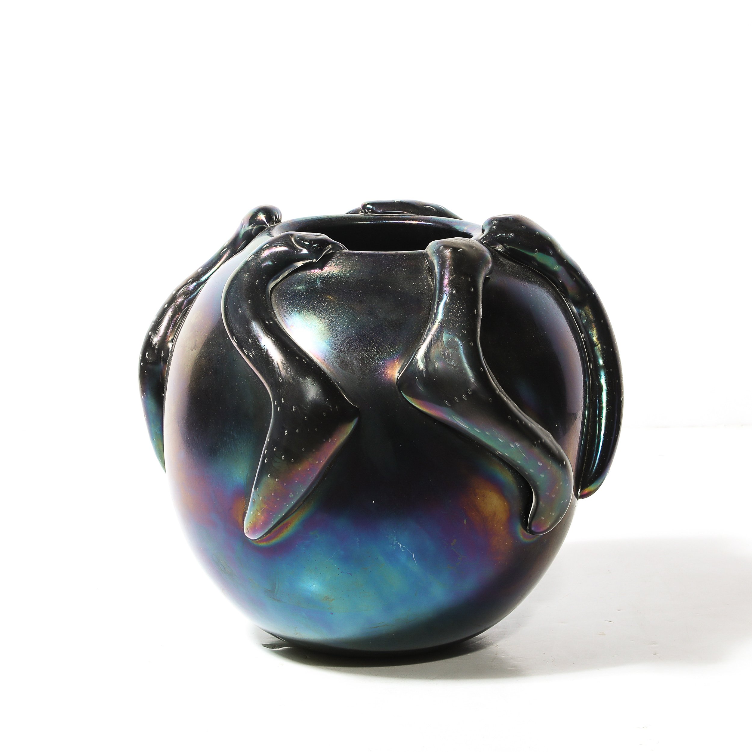 Mid-Century Hand-Blown Murano Iridescent & Black Glass Vase w: Sculptural Detail - High Style Deco 5.jpg