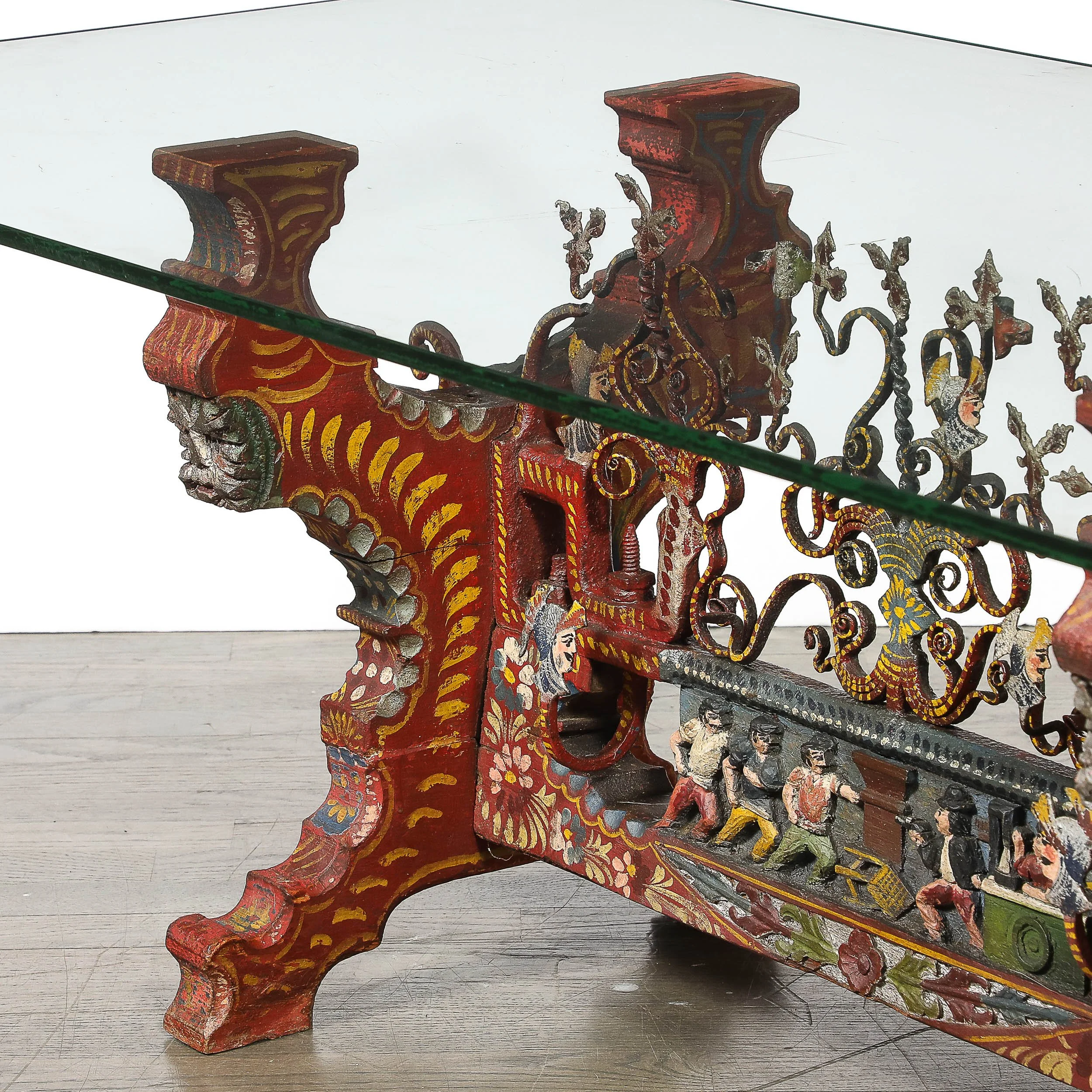 Arts and Crafts Sicilian Polychromed Wood & Iron Glass Top Donkey Cart Cocktail - High Style Deco 14.jpg