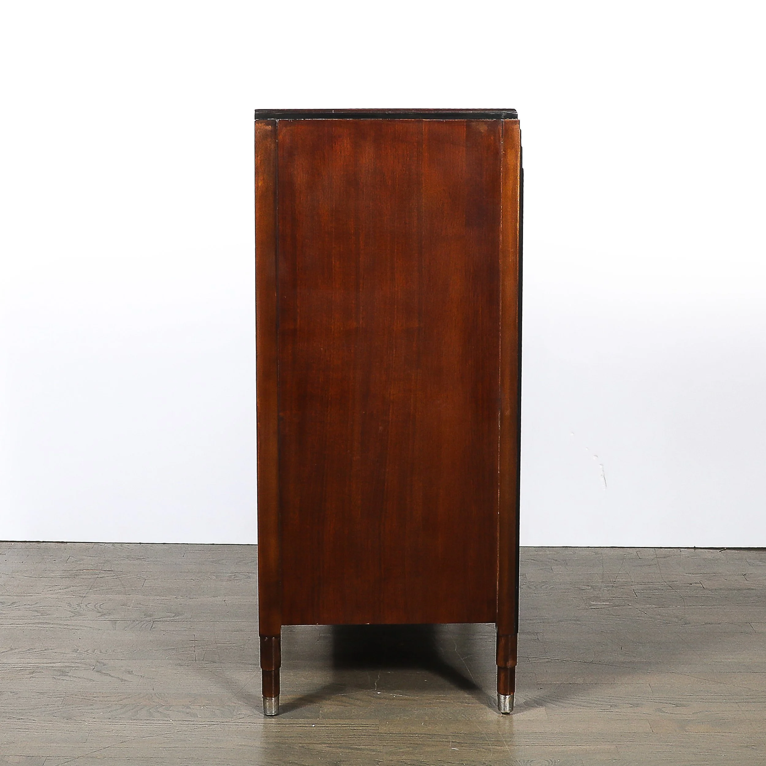 Art Deco Machine Age High Chest in Bookmatched Walnut, Black Lacquer & Chrome - High Style Deco 13.jpg