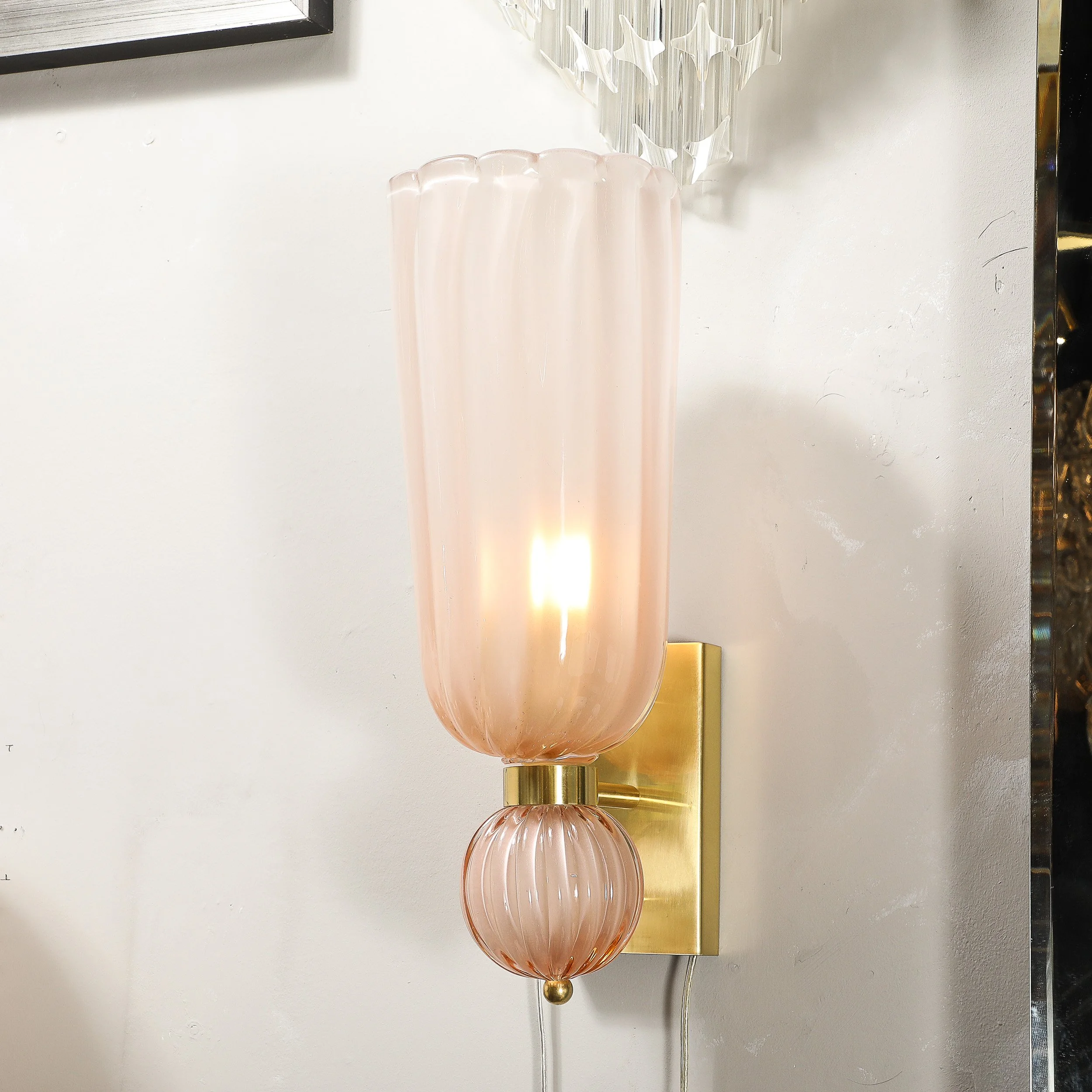 Modernist Hand-Blown Fluted Murano Glass Sconces w: Orbital Drop in Frosted Rose - High Style Deco 2.jpg