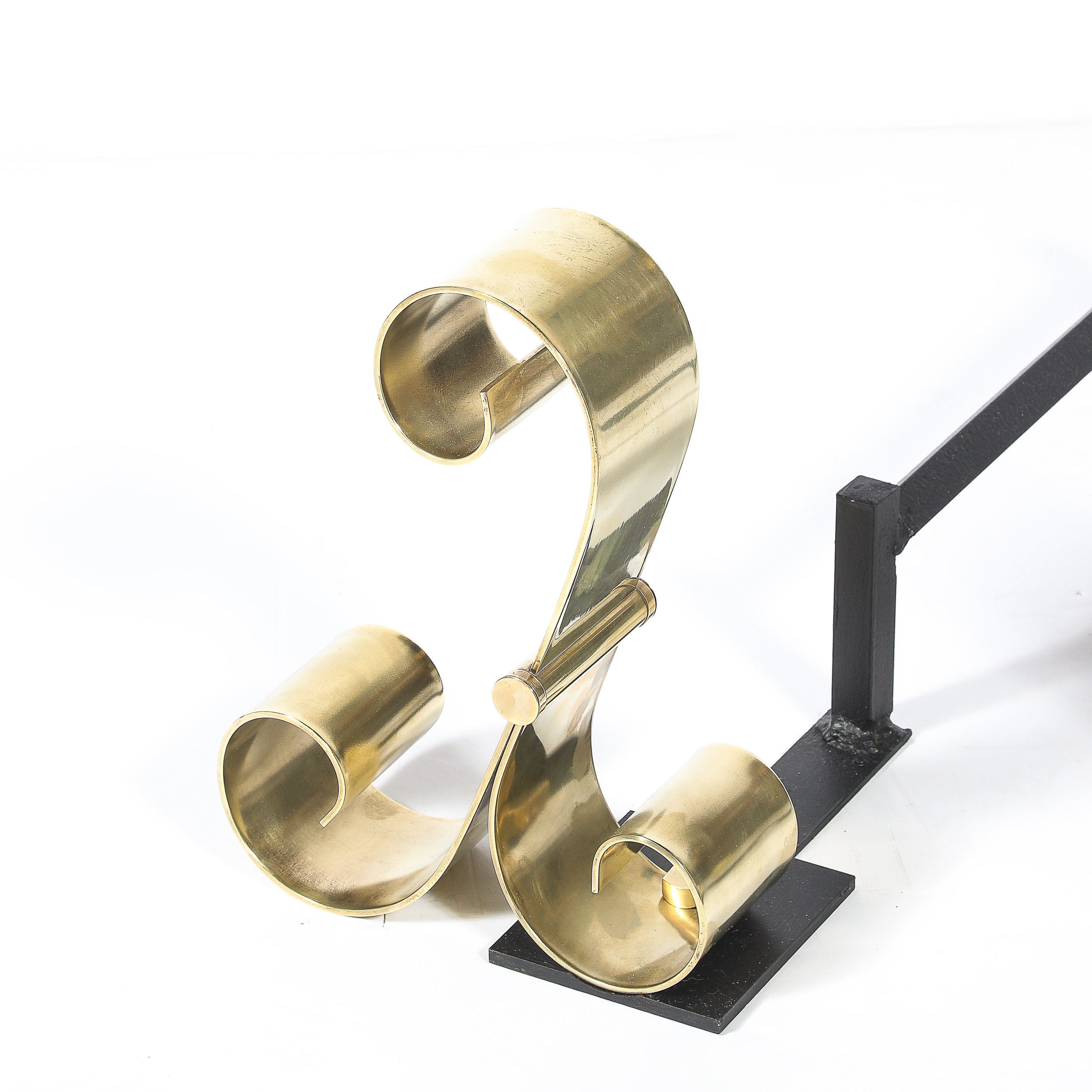 Mid-Century Modernist Scroll Form Andirons in Polished Brass - High Style Deco 6.jpg