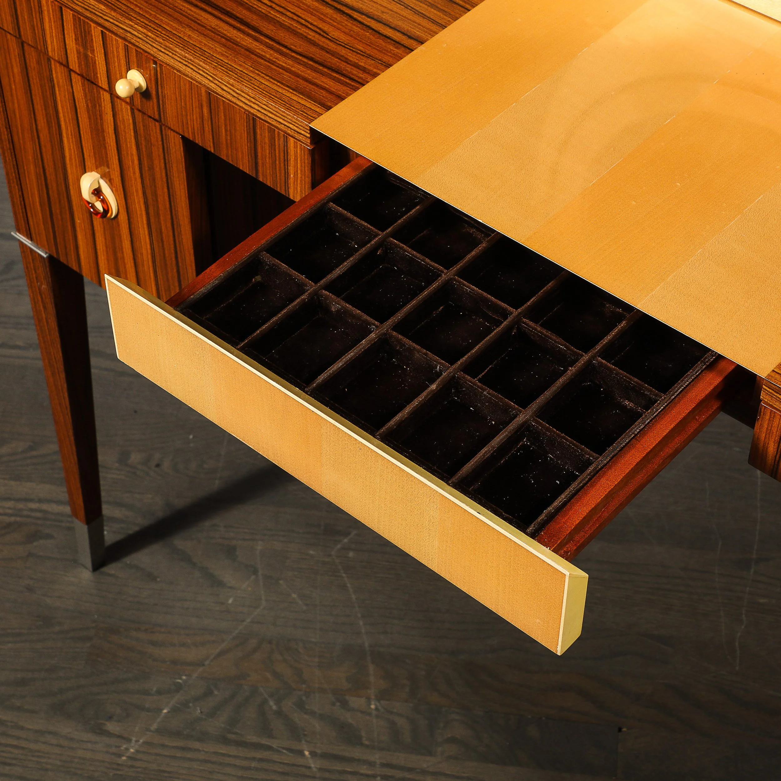 Art Deco Style Rosewood & Sycamore Vanity w: Bakelite, Mirror & Nickel Sabots - High Style Deco 9.jpg