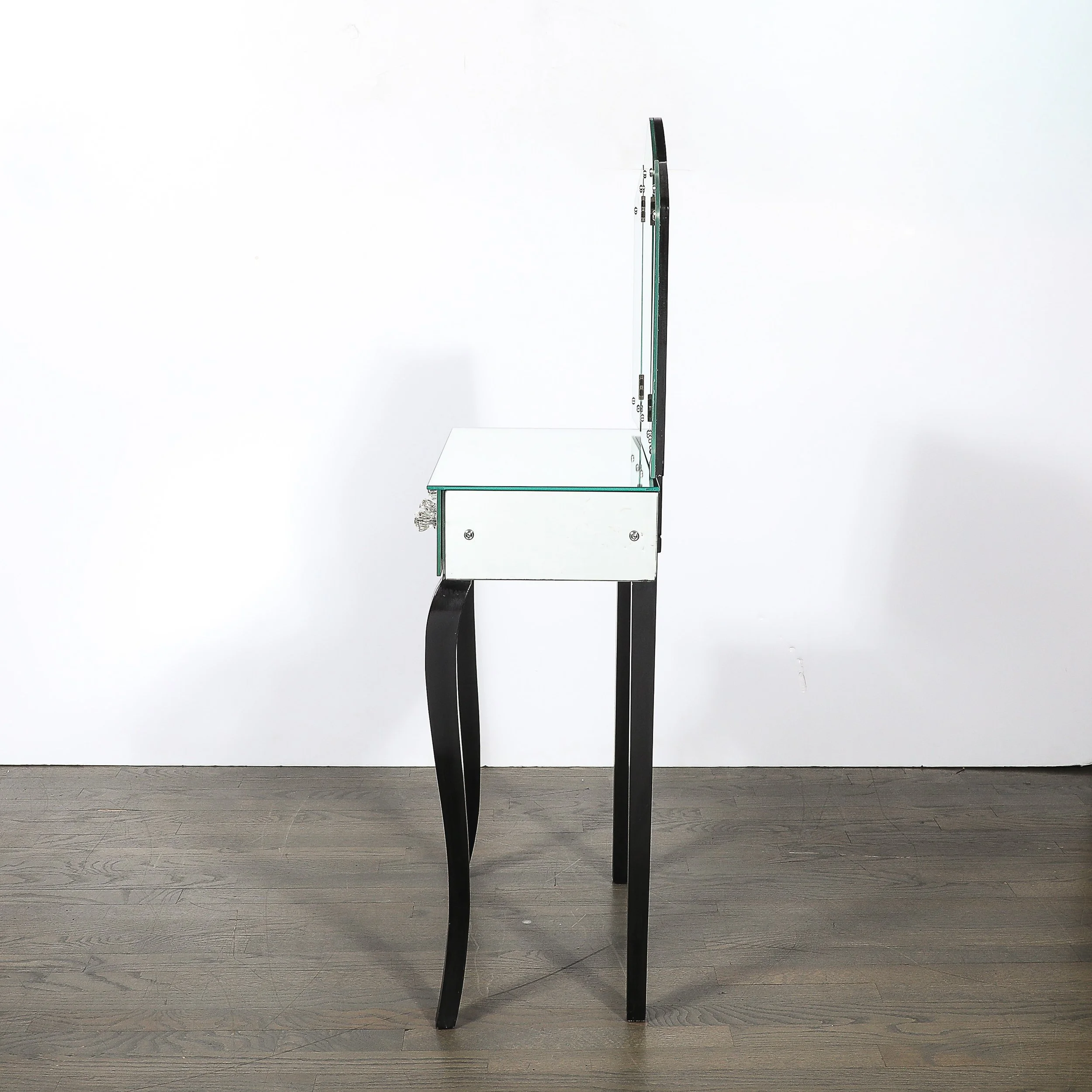 Art Deco Hollywood Mirrored Trifold Ebonized Cabriole Leg Vanity w: Glass Pulls - High Style Deco 11.jpg