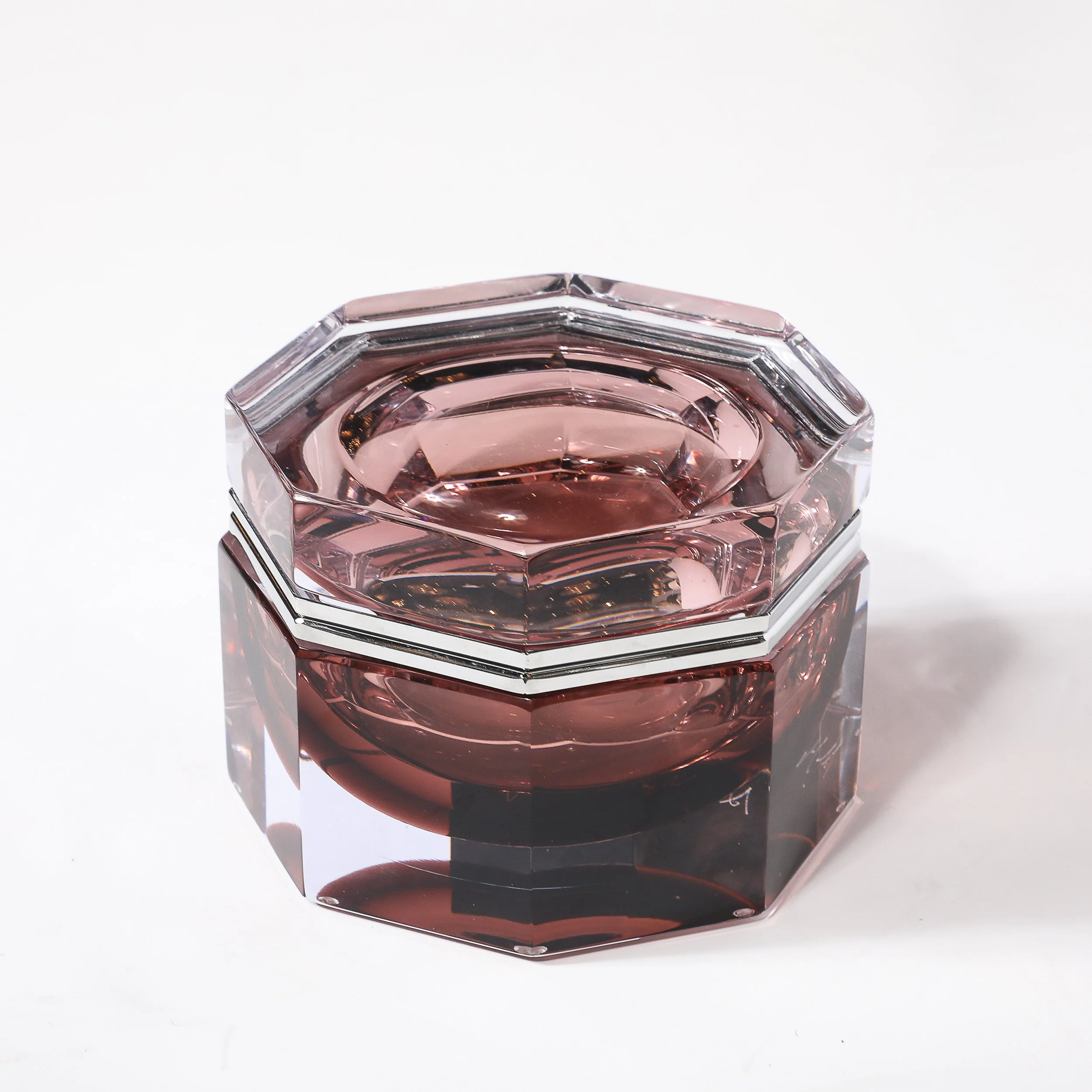 Modernist Octagonal Handblown Murano Glass Box in Smoked Ruby W: Polished Nickel - High Style Deco 11.jpg