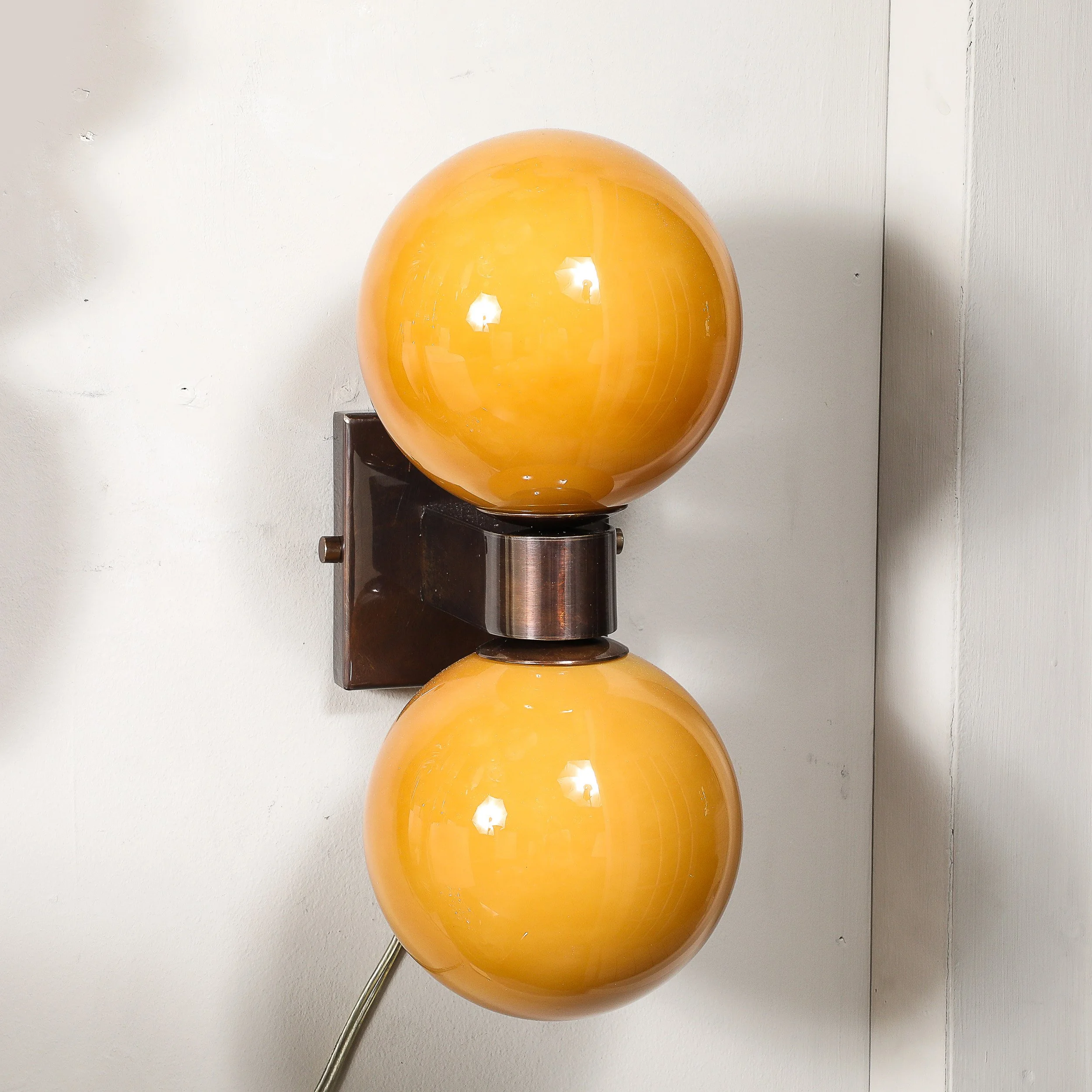 Modernist Hand-Blown Murano Smoked Golden Moon Hue Glass Double Sphere Sconces - High Style Deco 3.jpg