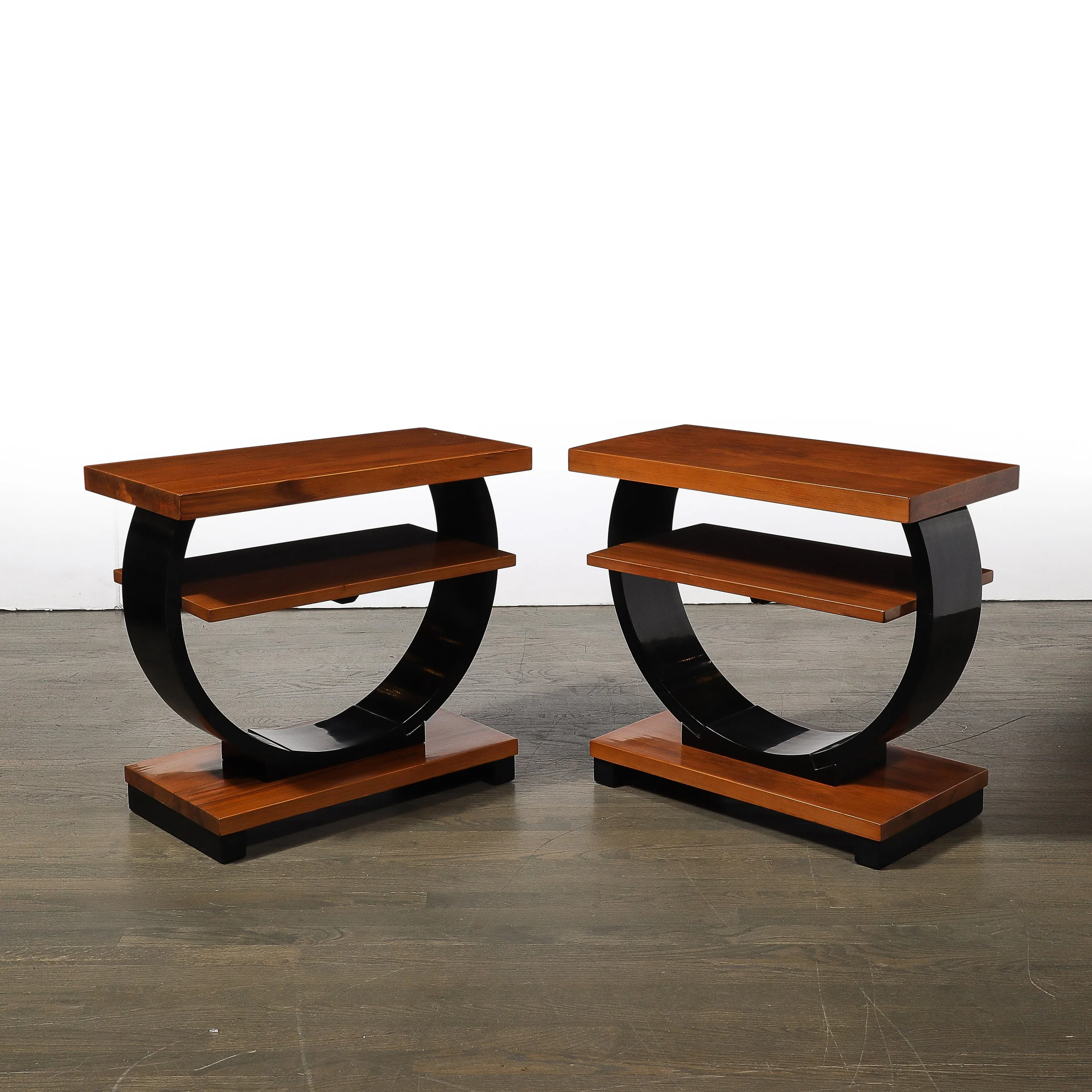 Pair of Art Deco Machine Age Two-Tier Side Tables in Walnut & Black Lacquer - High Style Deco 3.jpg