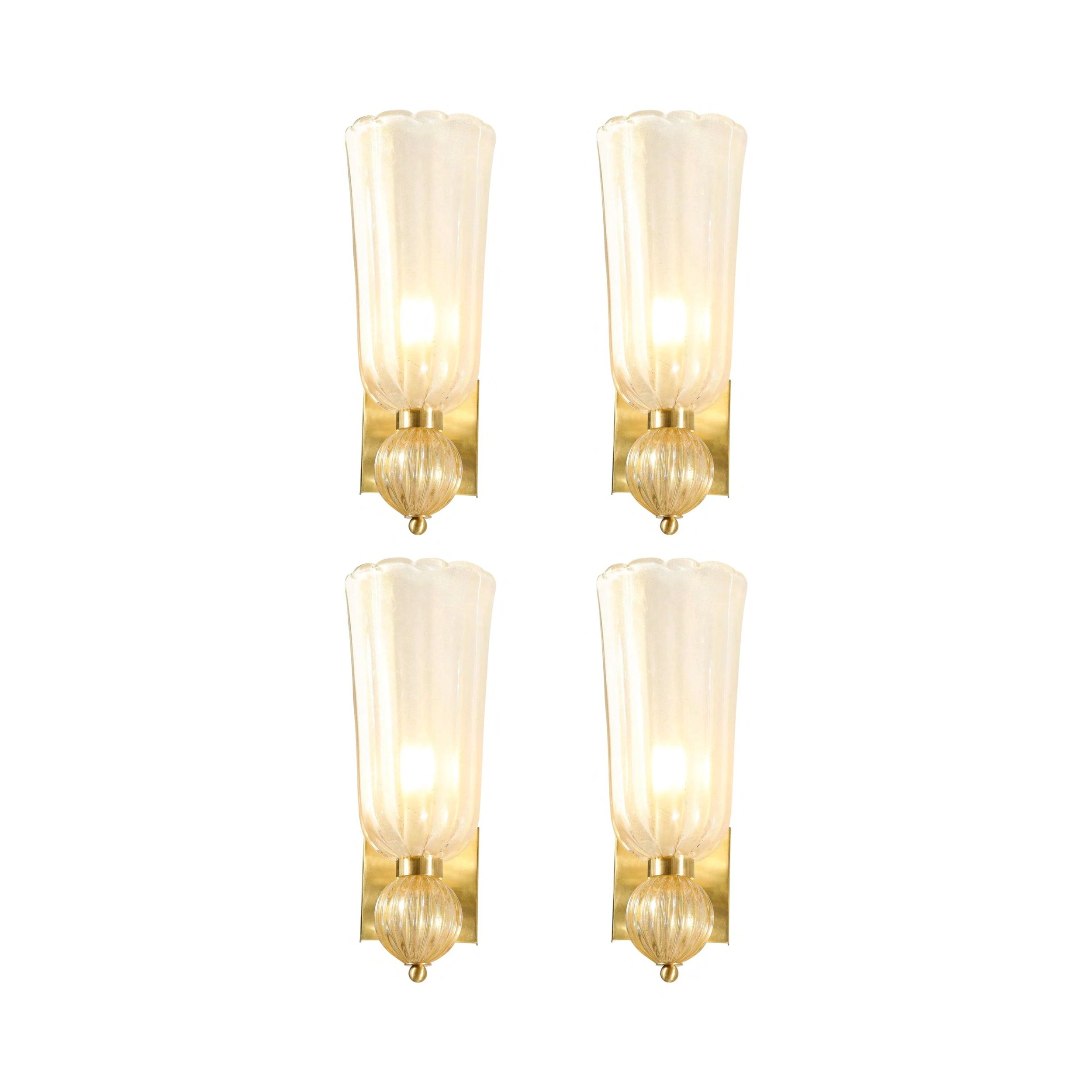 Set of 4 Modernist Handblown Murano Glass Elongated Tulip Sconces w- 24-kt Gold Flecks.jpg