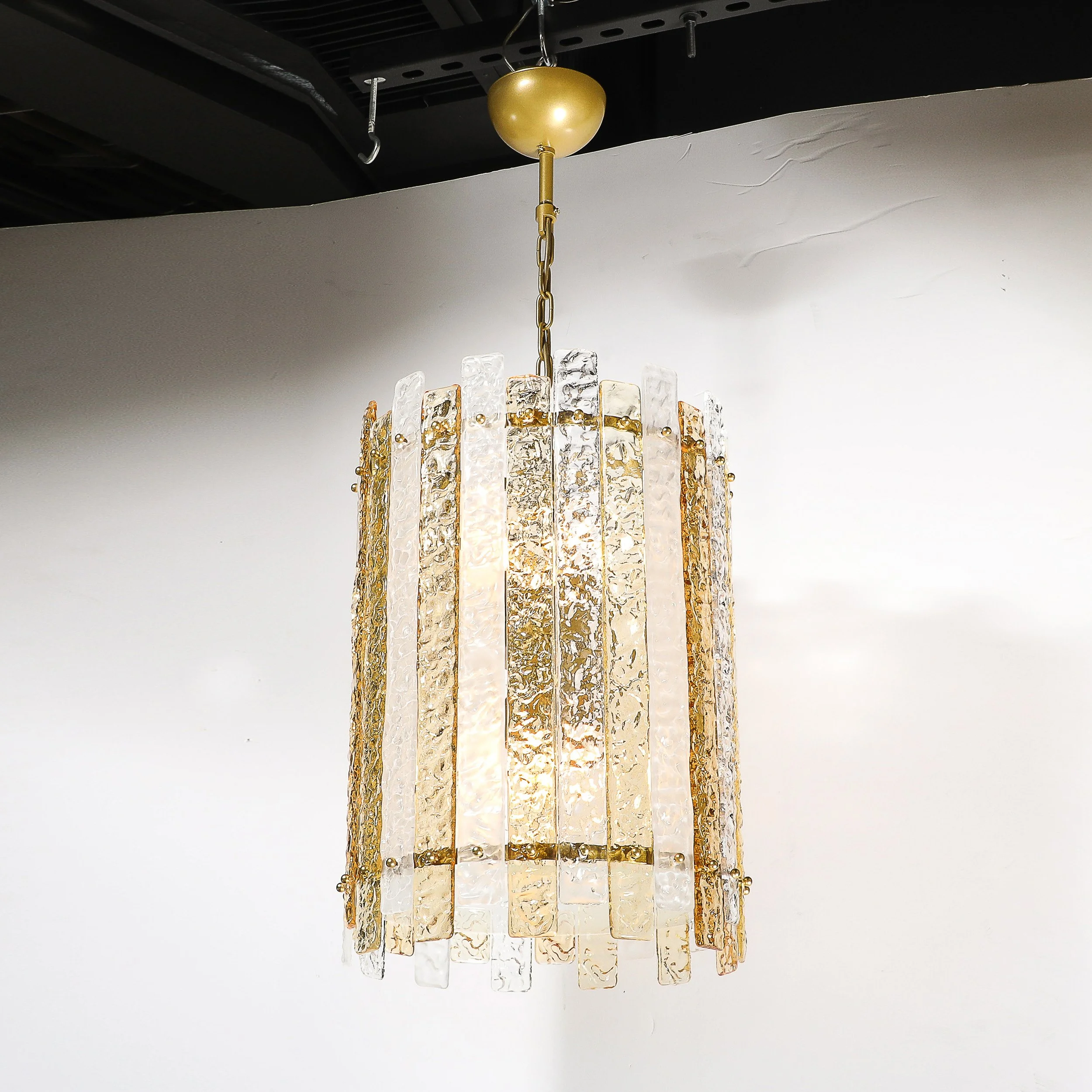 Modernist Hand-Blown Amber and Clear Murano Glass Paneled Cylindrical Chandelier - High Style Deco 5.jpg