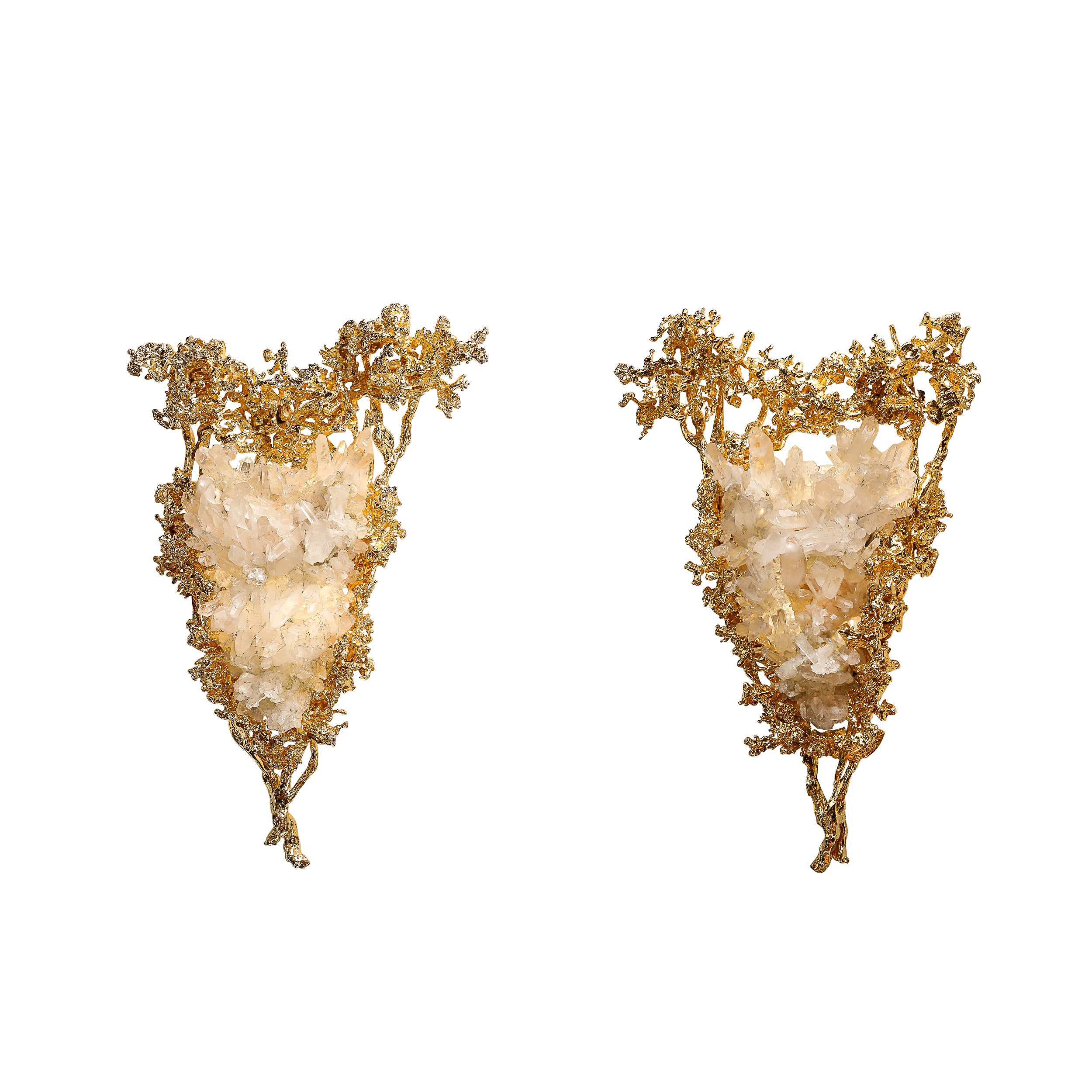 Claude Boeltz 24kt Gold Plated Exploded Bronze V-Shape Sconces w: Rock Crystals - High Style Deco.jpg
