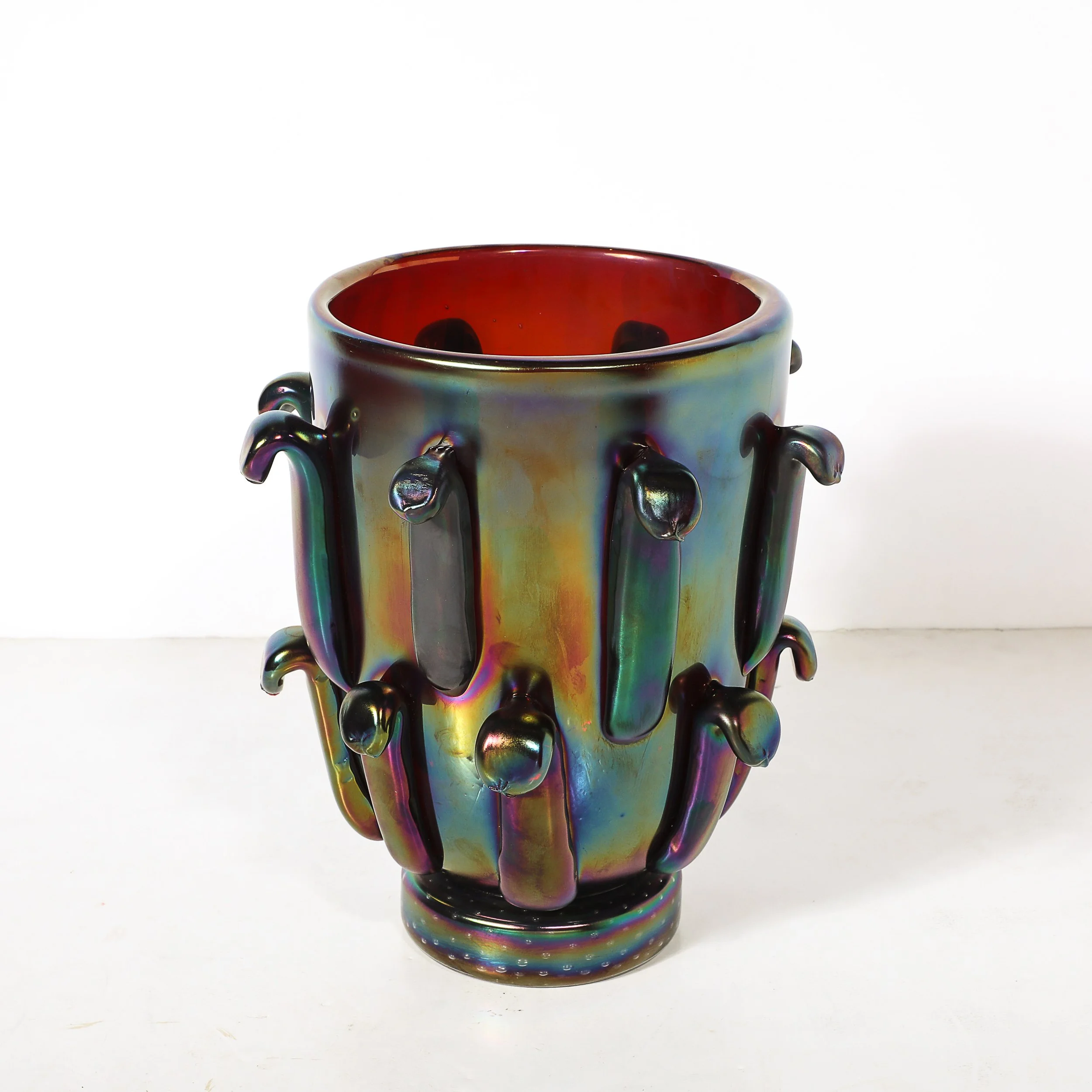 Mid-Century Hand-Blown Murano Iridescent & Ruby Glass Vases w: Petal Detailing - High Style Deco 20.jpg