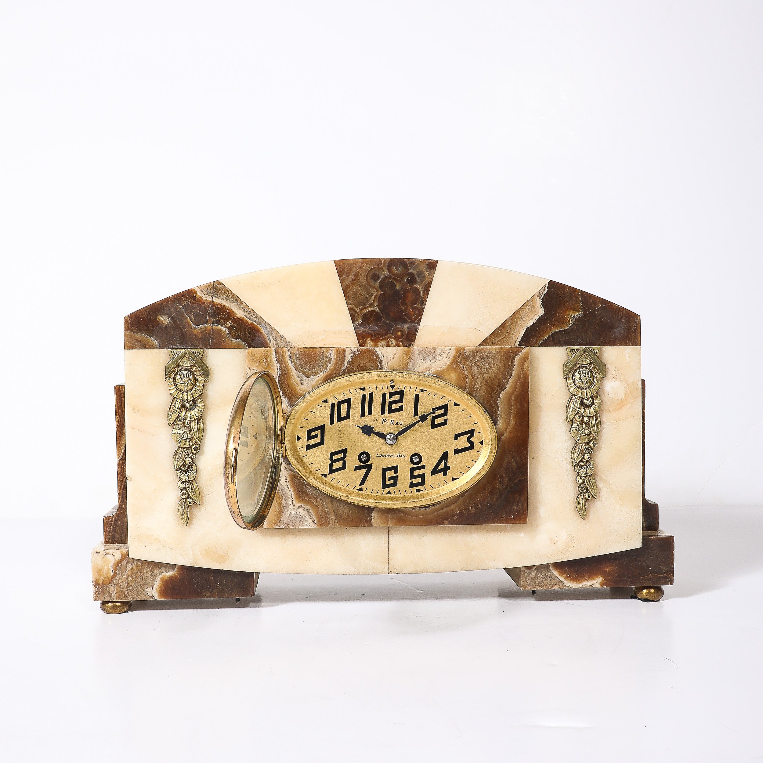 Art Deco Mantlepiece Clock in Tessellated Ice Sugar & Cream Onyx w: Gilt Bronze - High Style Deco 6.jpg