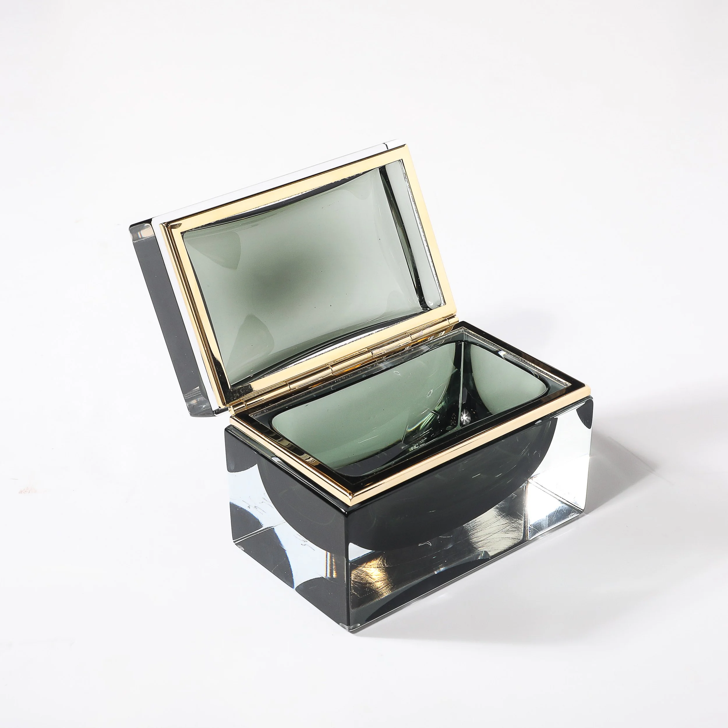 Modernist Handblown Murano Glass Box in Forrest Green w: Polished Brass Fittings - High Style Deco 10.jpg