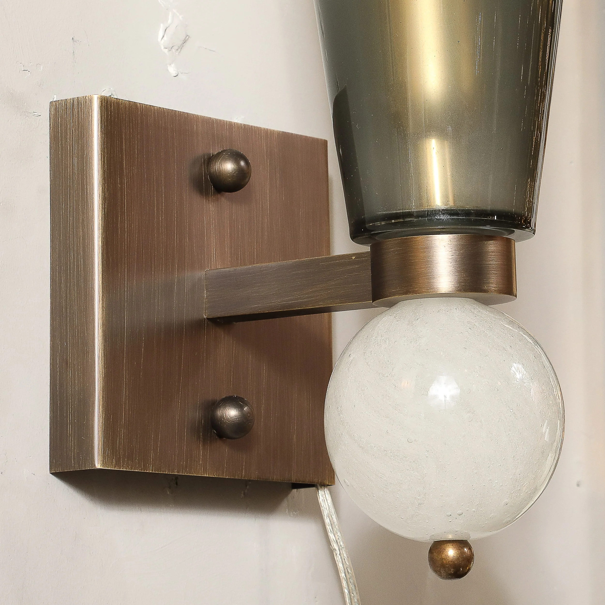 Modernist Hand-Blown Smoked Gray Murano Glass Conical Sconces with Orbital Drop - High Style Deco 6.jpg