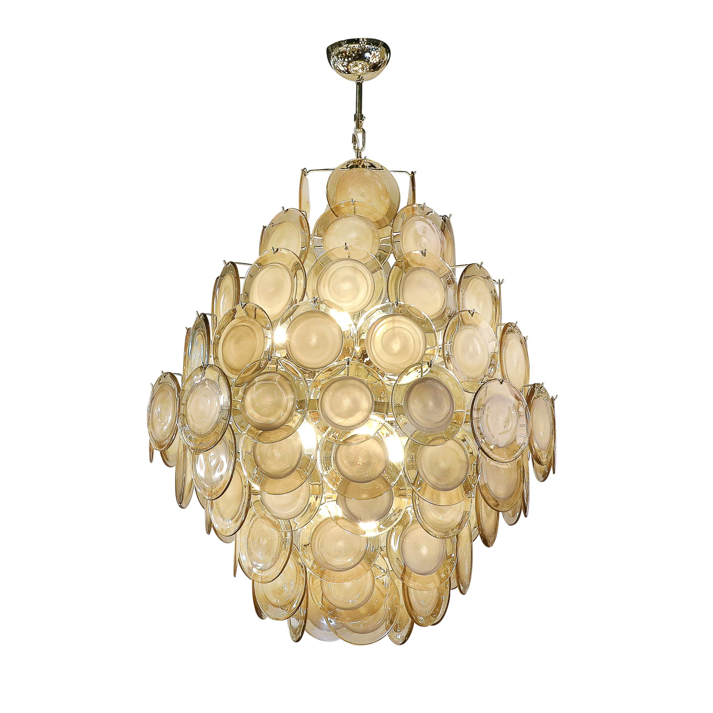 Modernist 10-Tier Handblown Topaz Murano Glass Disc Chandelier w: Brass Fittings - High Style Deco 6.jpg