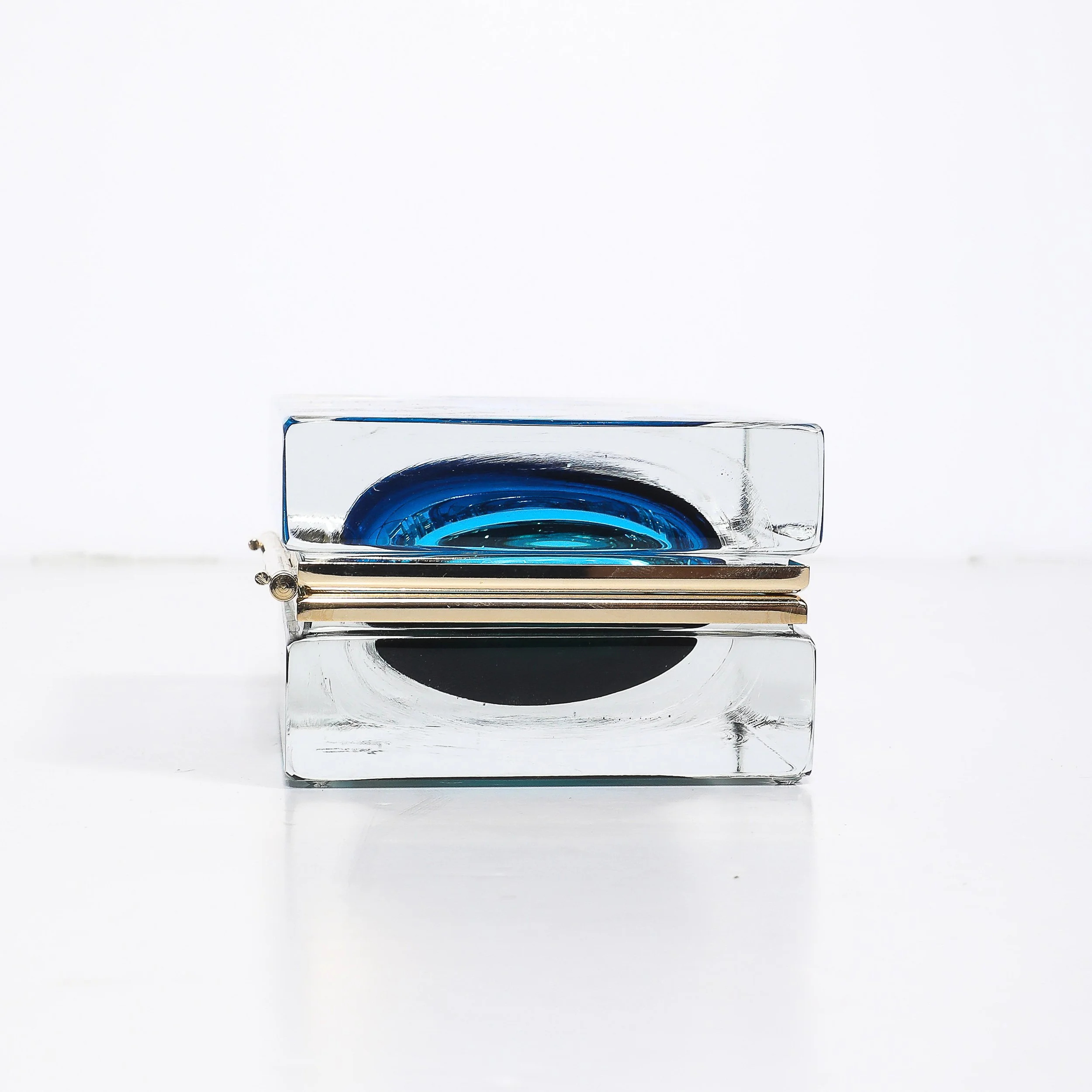 Modernist Hand-Blown Murano Glass Box in Ultramarine & Phthalo w: Polished Brass - High Style Deco 4.jpg