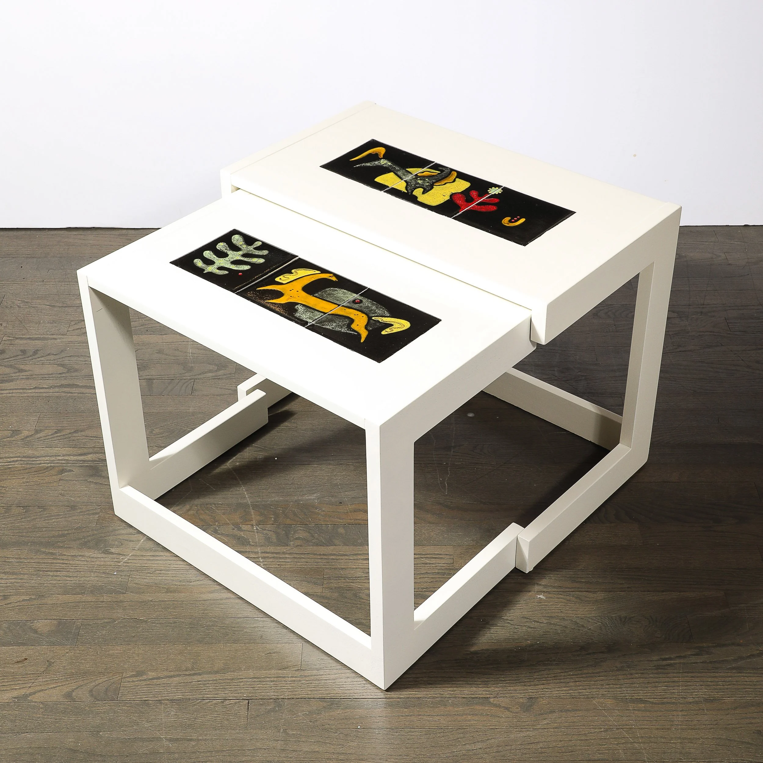 Pair of White Lacquer & Ceramic Tile Vladimir Kagan Rectilinear Oak Side Tables - High Style Deco 12.jpg