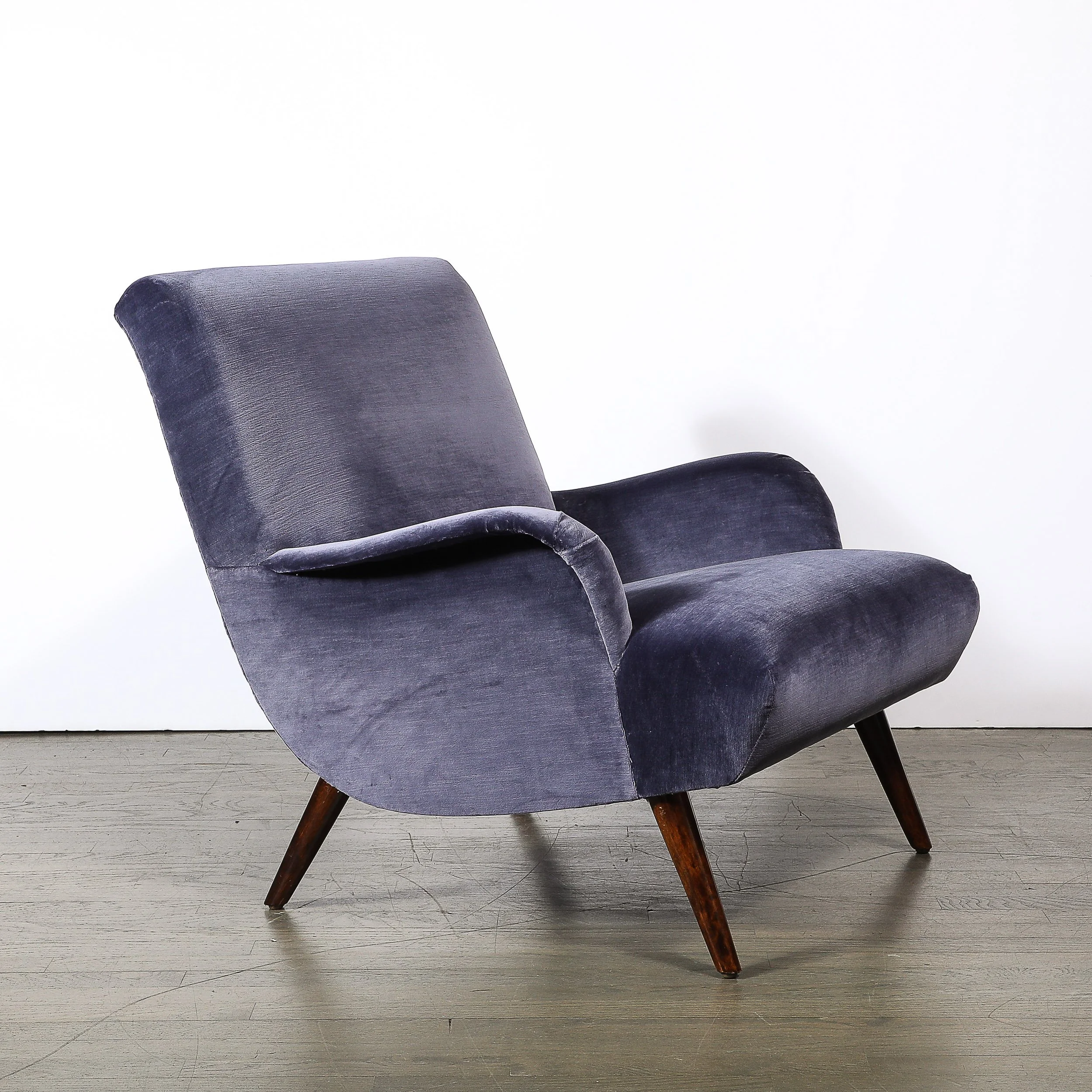 Mid-Century Lounge Chair & Ottoman in Aubergine Velvet & Tapered Walnut Supports - High Style Deco 9.jpg