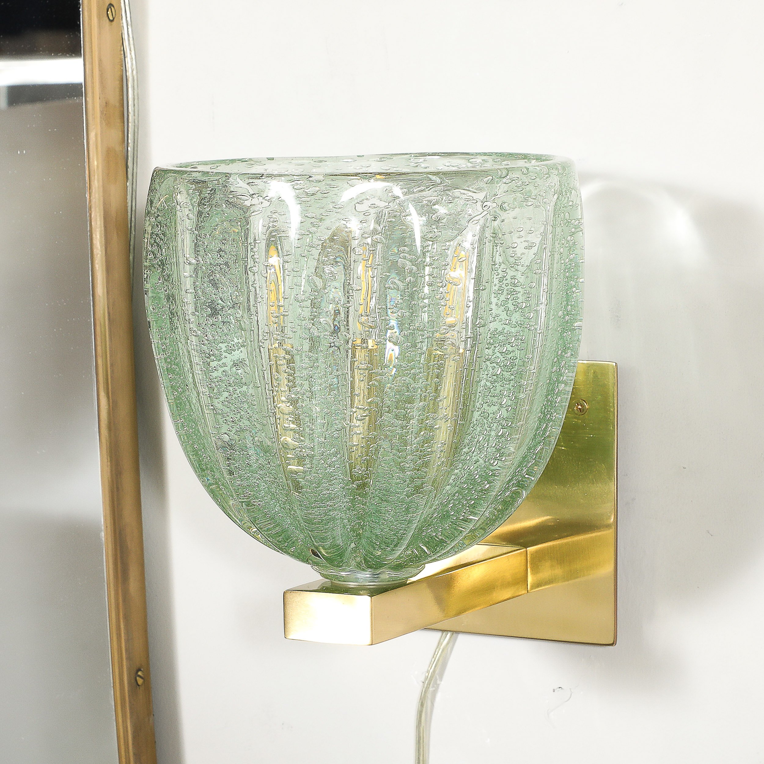 Modernist Hand-Blown Sea Green Fluted Pulegoso Murano Glass & Brass Sconces - High Style Deco 7.jpg
