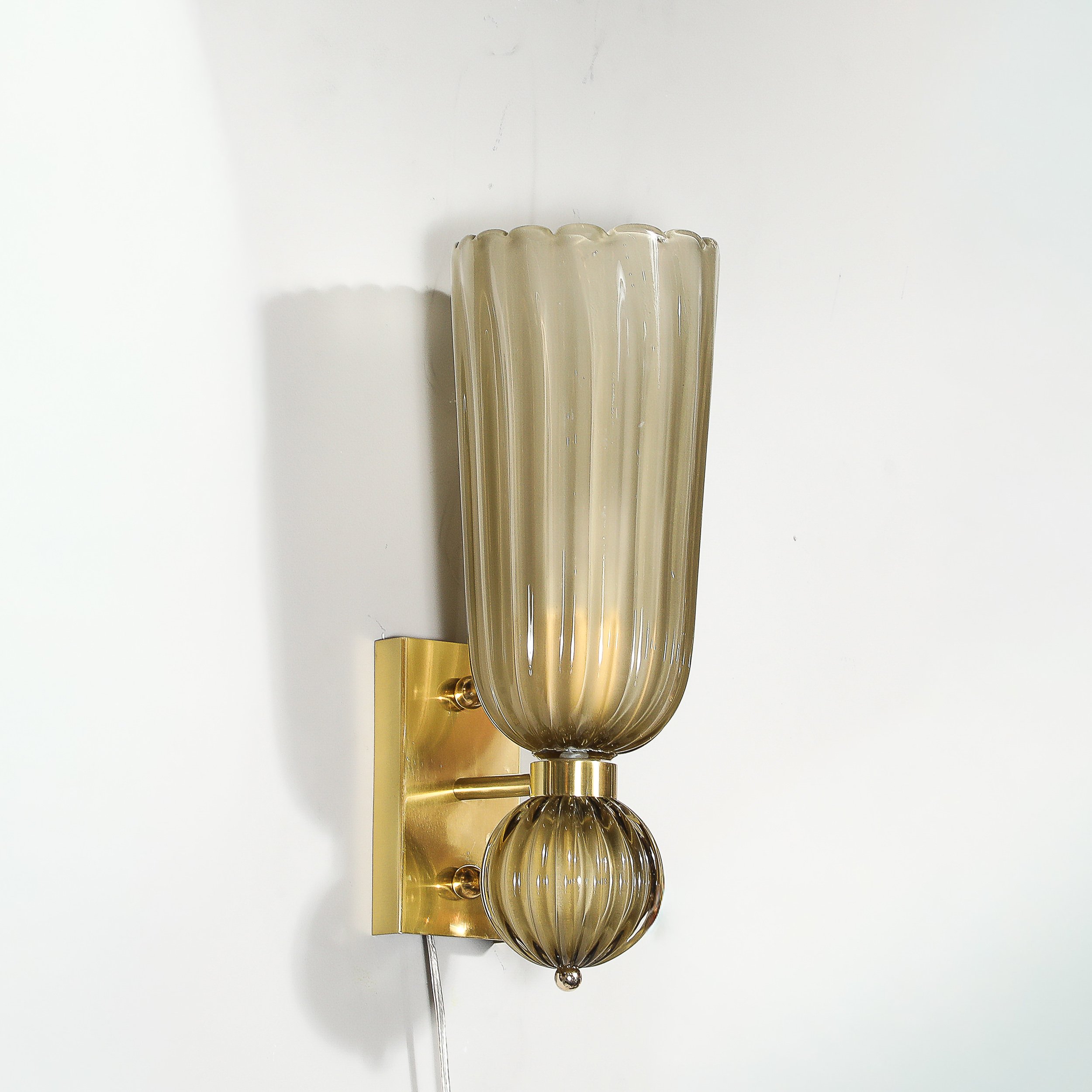 Pair of Modernist Hand-Blown Murano Fluted Glass Sconces in Frosted Smoked Topaz - High Style Deco 12.jpg