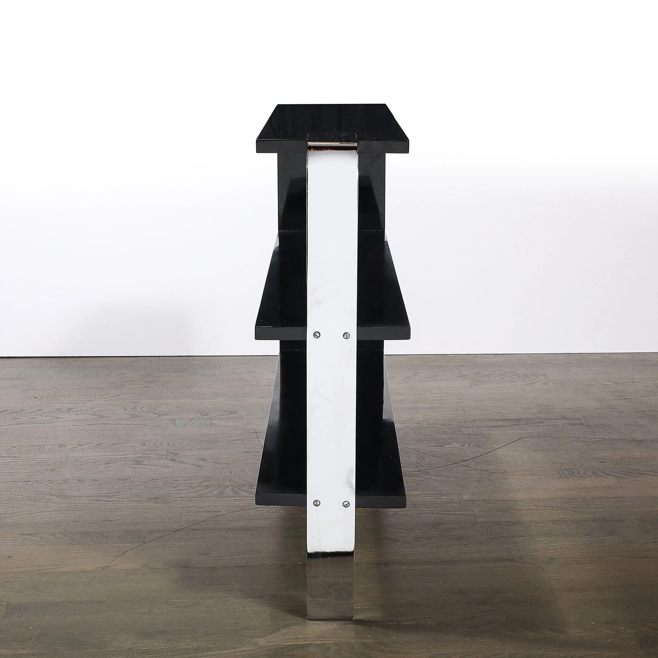 Art Deco Streamlined 3-Tier End Table:Bookcase in Black Lacquer w: Curved Chrome - High Style Deco 3.jpg
