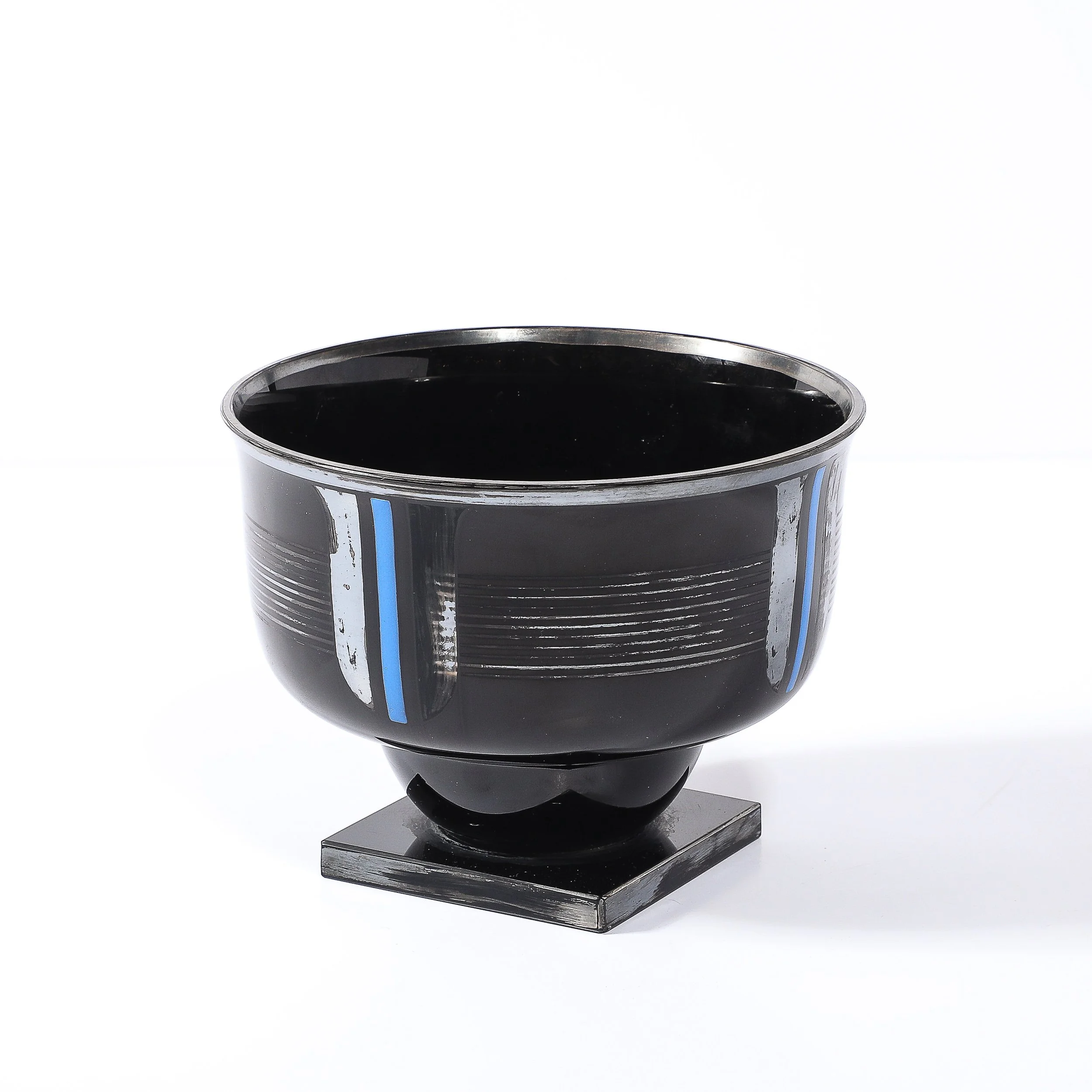 Art Deco Silvered Black Glass Linear Detailed Bowl signed HEM by Michel Herman - High Style Deco 2.jpg