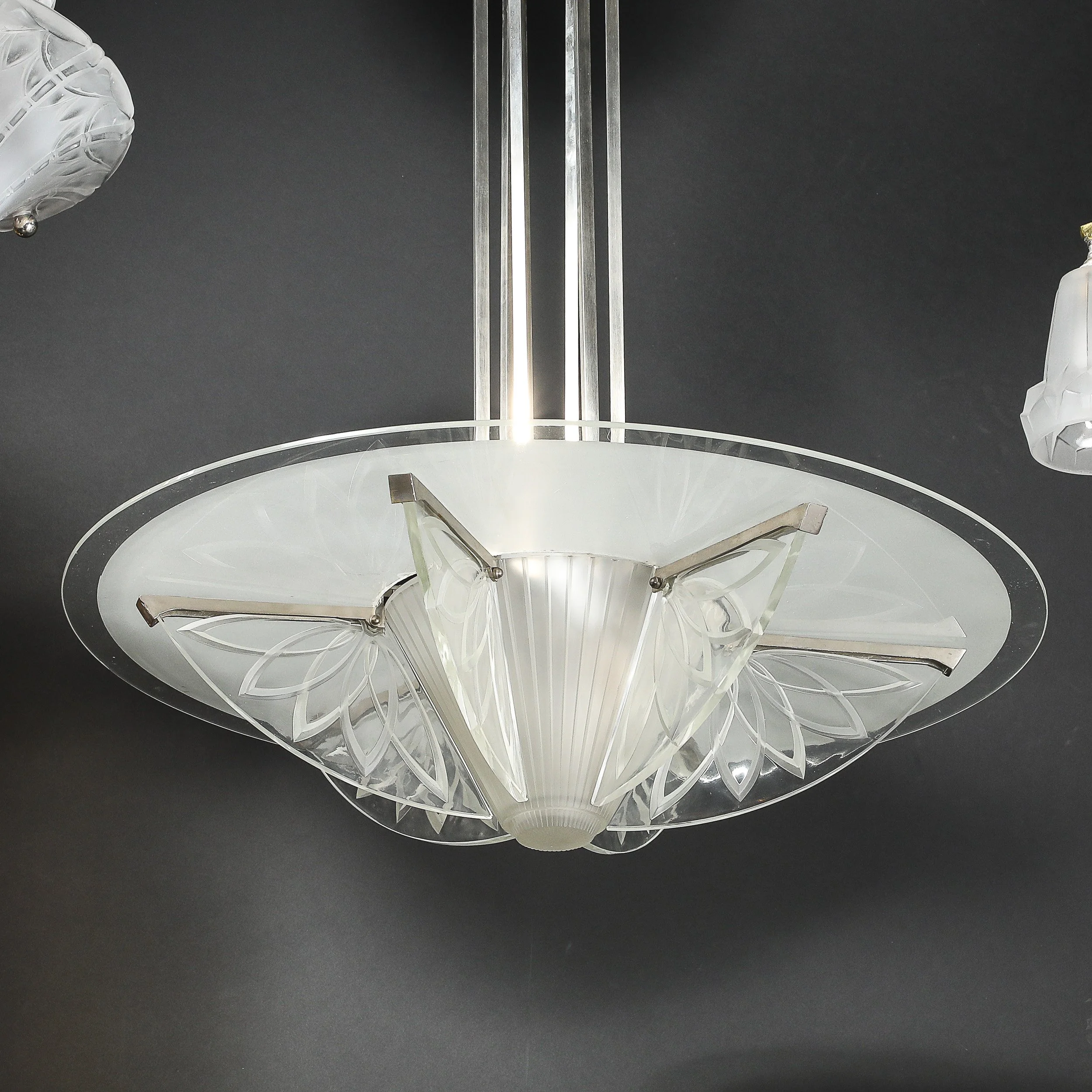 Art Deco Machine Age Frosted, Etched Glass & Nickel Chandelier by Pierre D'Avsen - High Style Deco 21.jpg