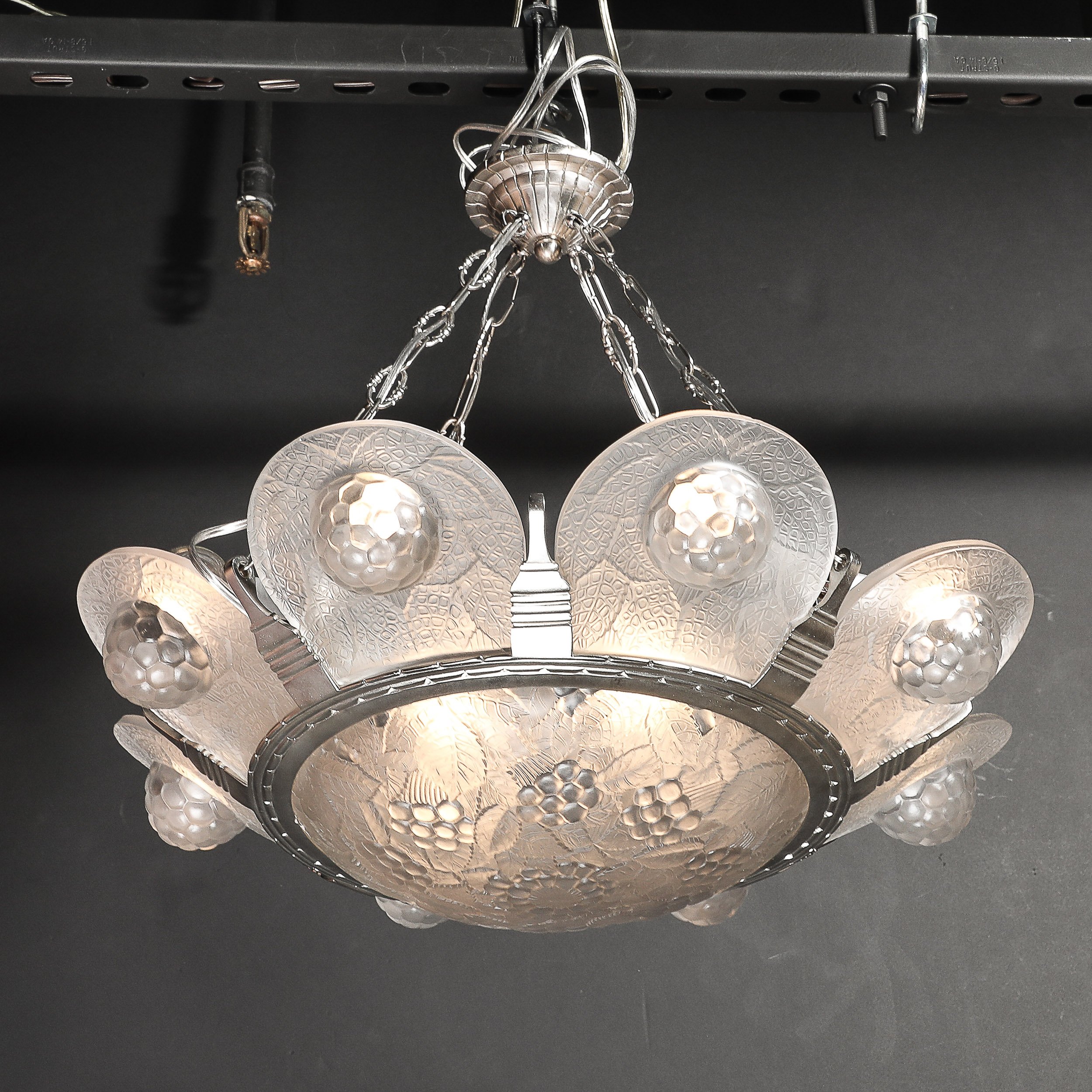 Art Deco Frosted Glass Chandelier with Grape Motif & Nickel Fittings - High Style Deco 26.jpg