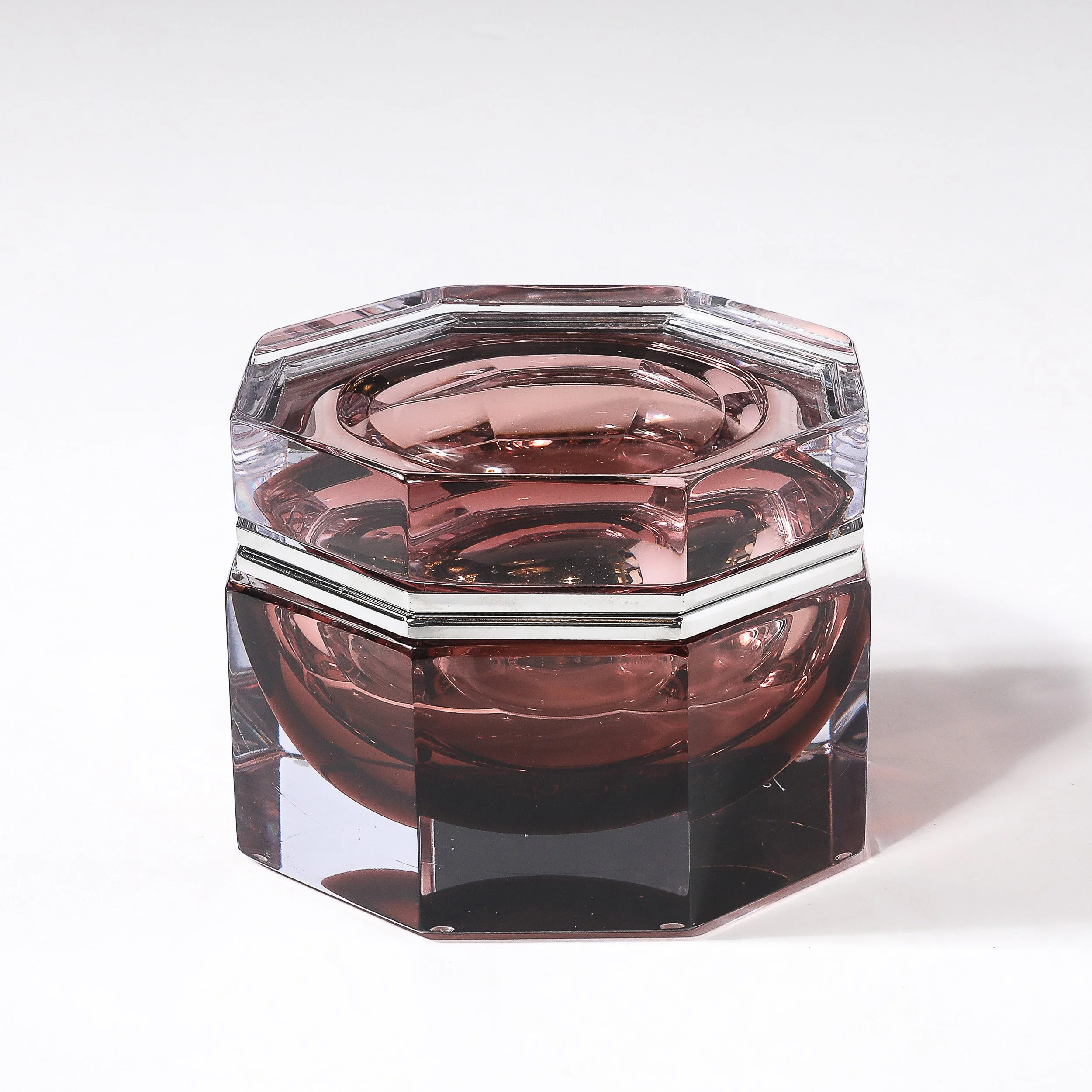 Modernist Octagonal Handblown Murano Glass Box in Smoked Ruby W: Polished Nickel - High Style Deco 4.jpg