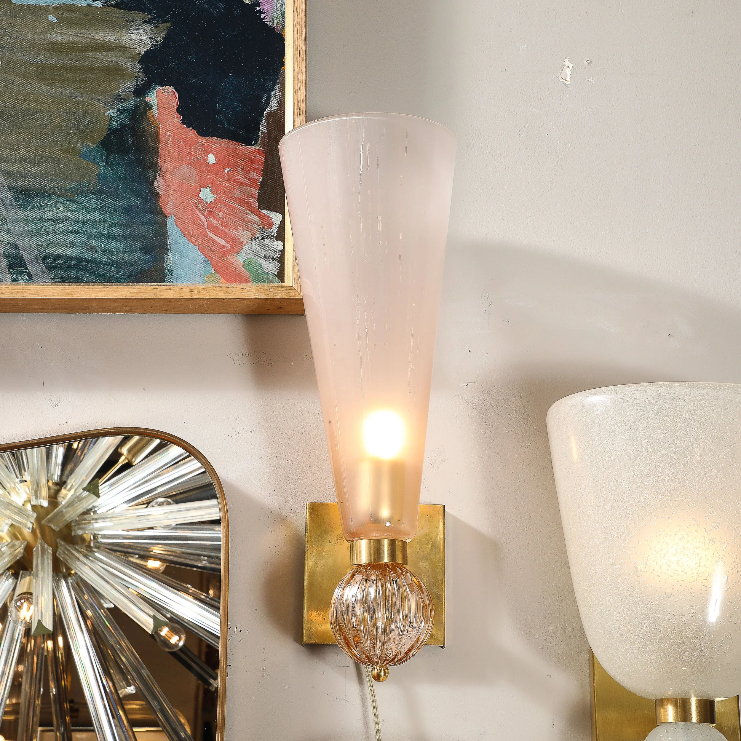 Modernist Hand-Blown Smoked Garnet Conical Murano Glass & Orbital Drop Sconces - High Style Deco 2.jpg