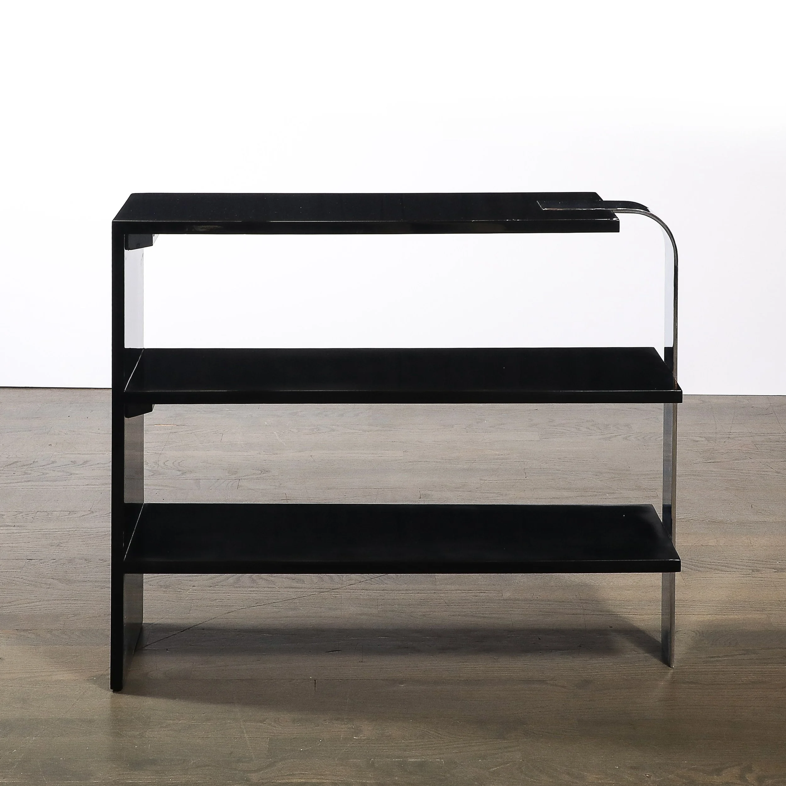 Art Deco Streamlined 3-Tier End Table:Bookcase in Black Lacquer w: Curved Chrome - High Style Deco 6.jpg