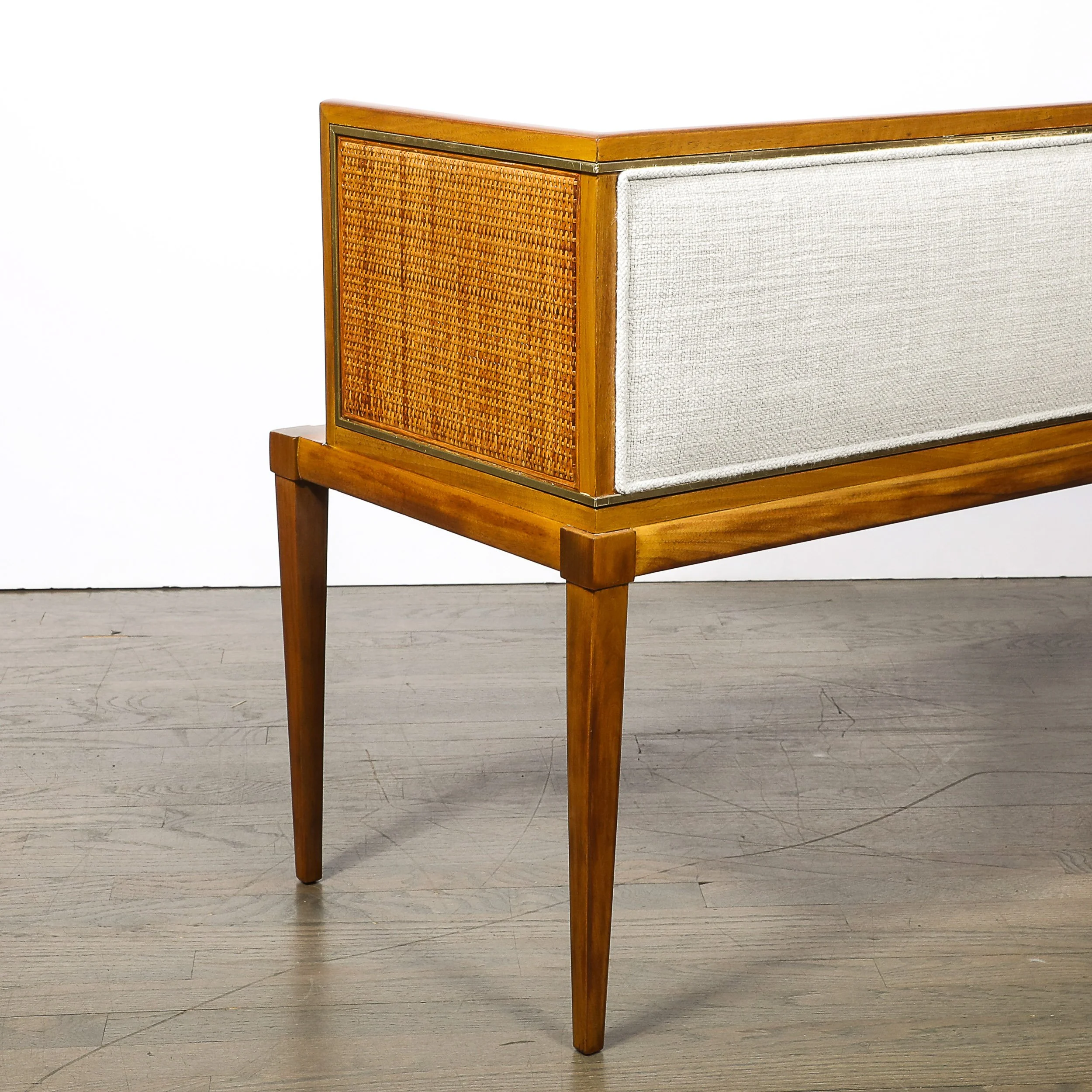 Mid-Century Brass Lined Walnut Settee w: Cane Detailing & Holly Hunt Upholstery - High Style Deco 13.jpg