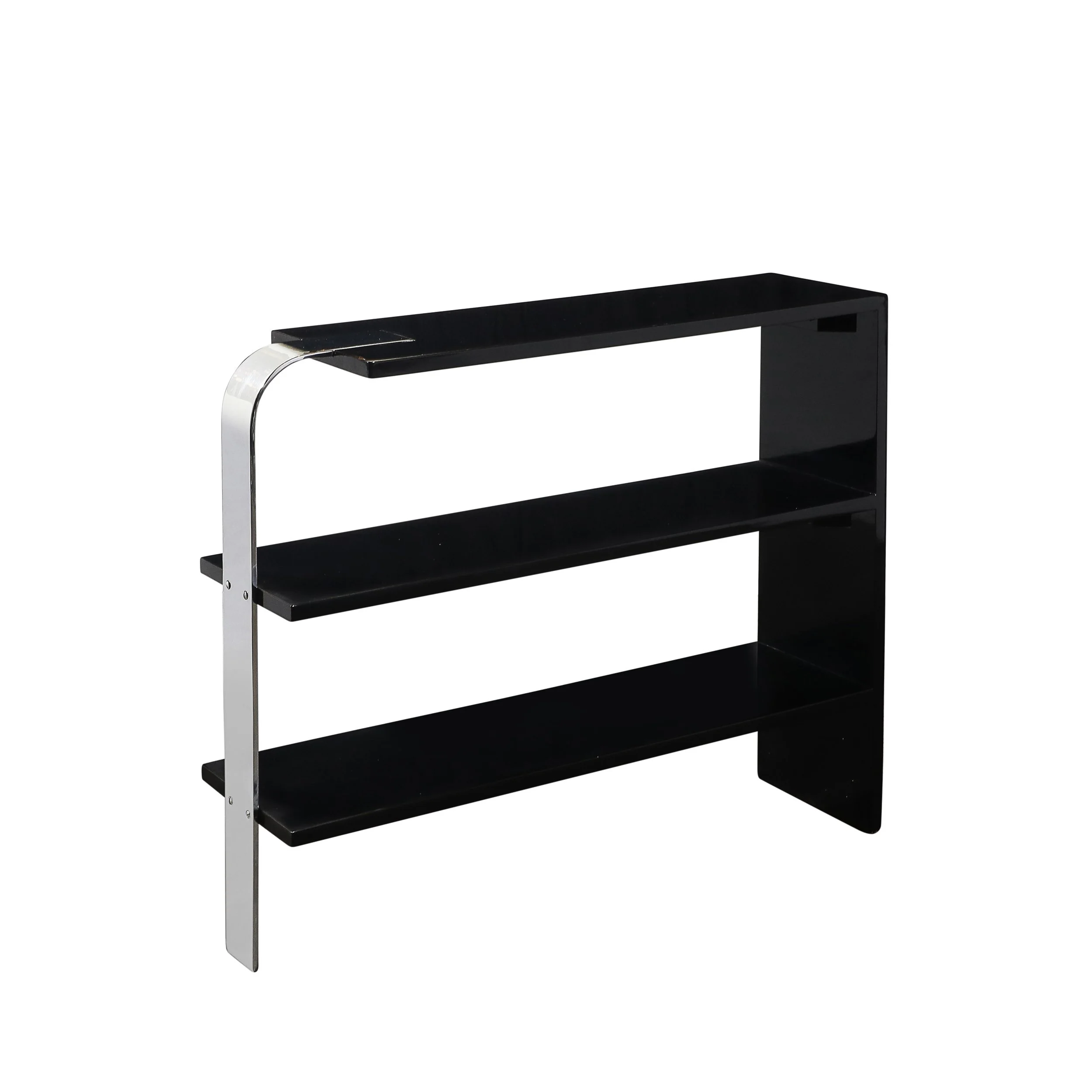 Art Deco Streamlined 3-Tier End Table:Bookcase in Black Lacquer w: Curved Chrome - High Style Deco.jpg