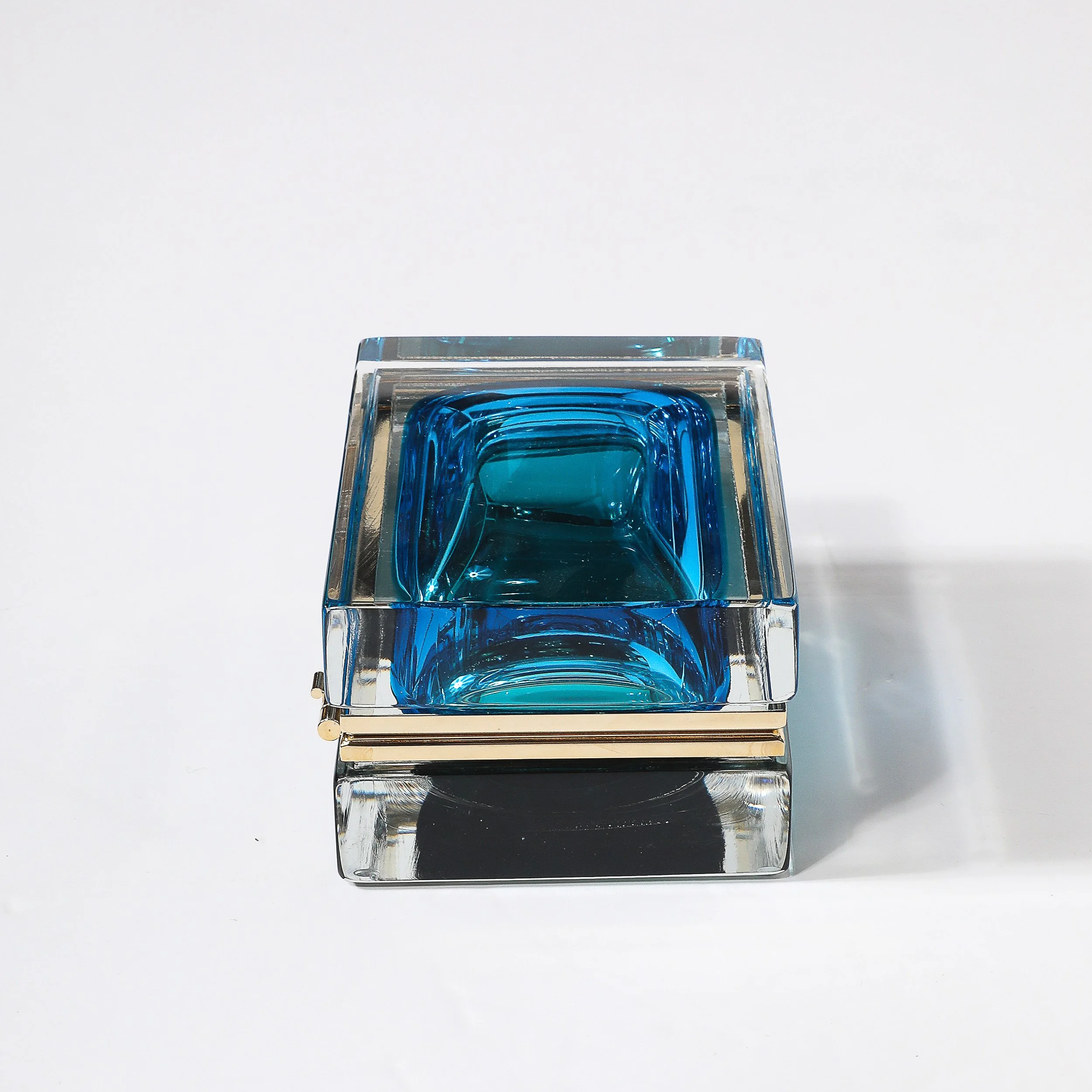 Modernist Hand-Blown Murano Glass Box in Ultramarine & Phthalo w: Polished Brass - High Style Deco 6.jpg