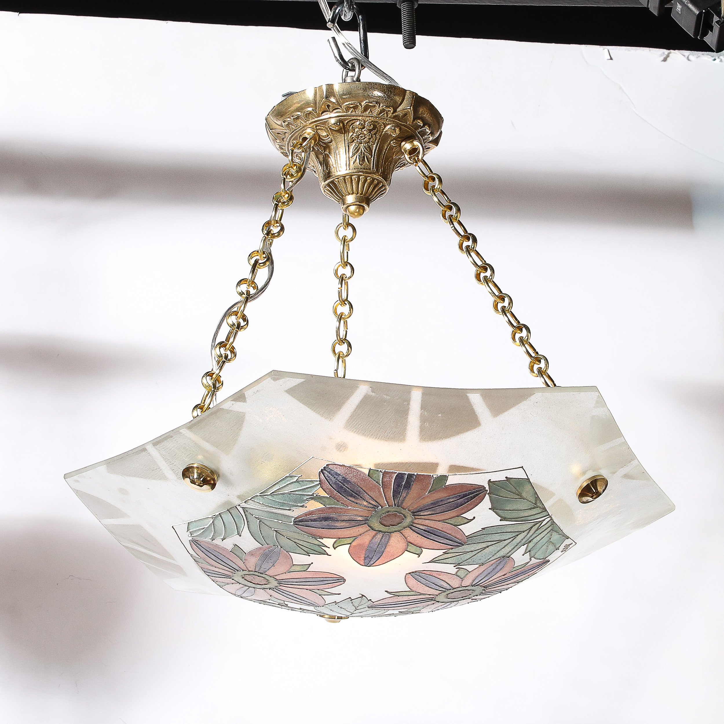Art Deco Hexagonal Frosted & Pressed Glass Pendant w: Floral Details signed BHV - High Style Deco 3.jpg