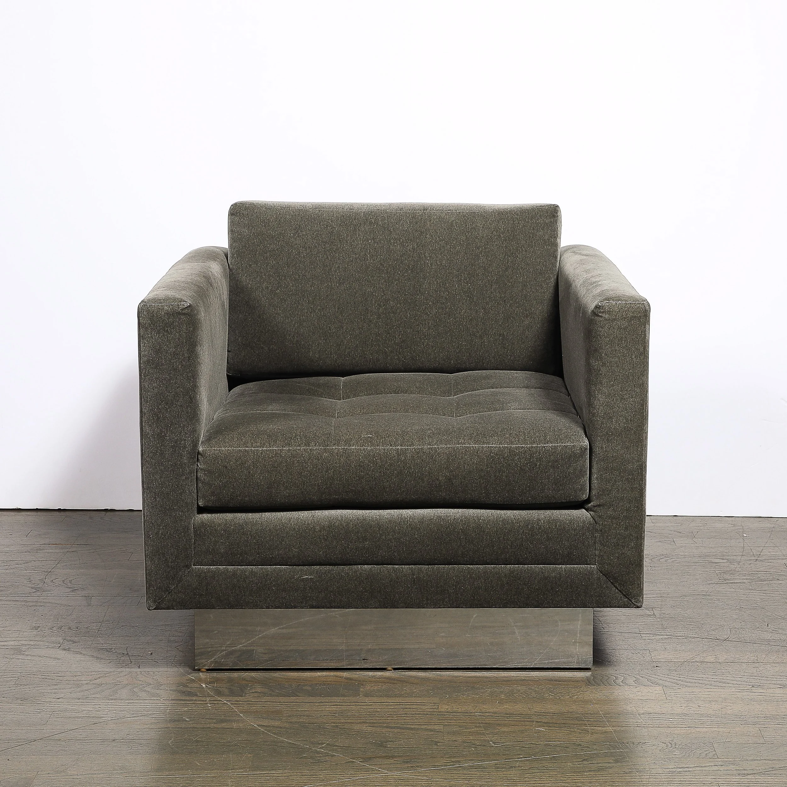 Pair of Mid-Century Biscuit Tufted Cube Chairs w: Chrome Wrapped Base in Mohair - High Style Deco 1.jpg